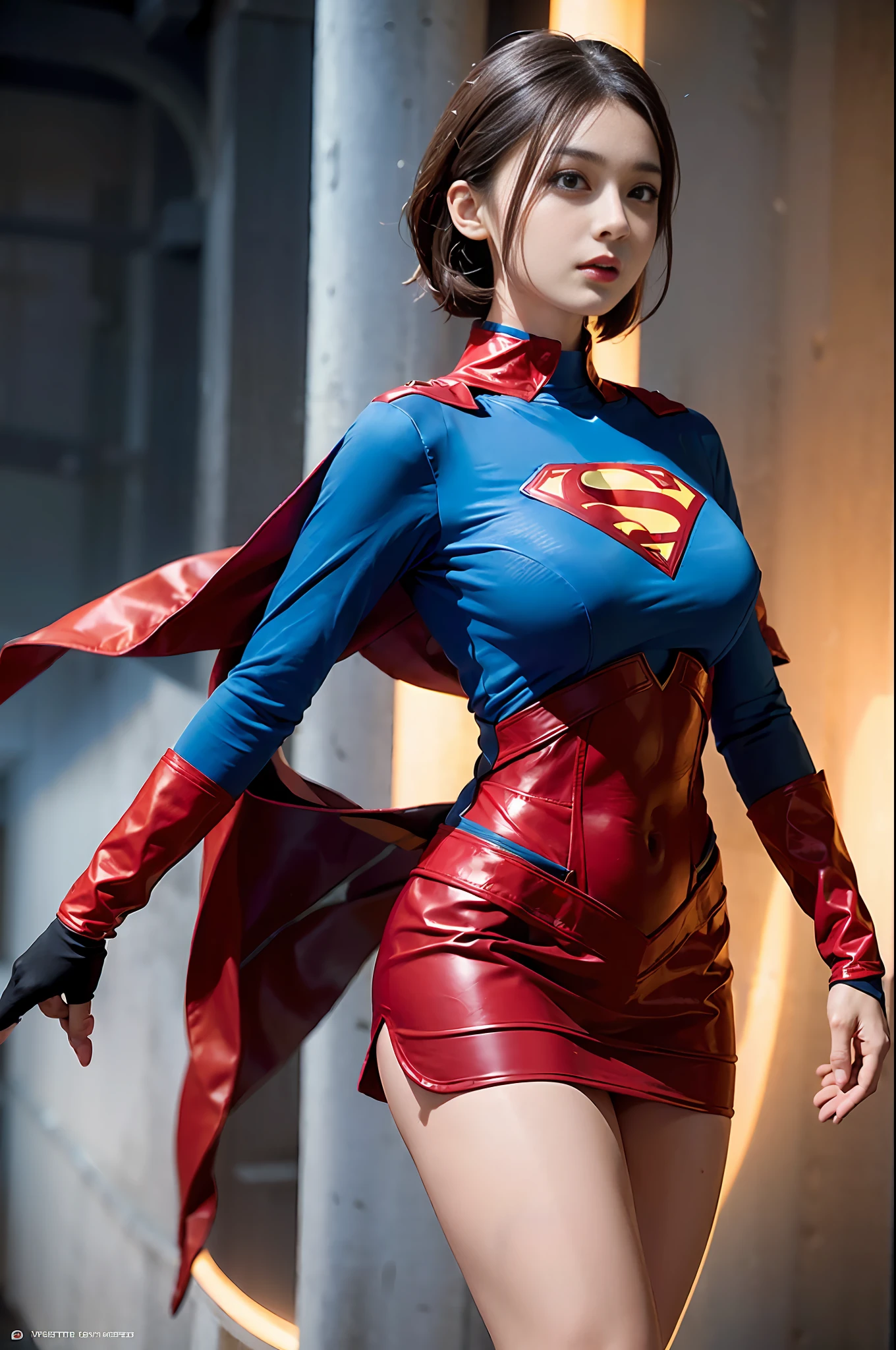 A girl in a futuristic Superman uniform, smooth and delicate uniform, full body tight uniform, (red miniskirt), (exaggerated sized breasts), very good figure, perfect appearance, delicate face, short brown hair, (side face), realism, super high resolution, full of details, high detail, contour of thick muscles, dynamic posture,