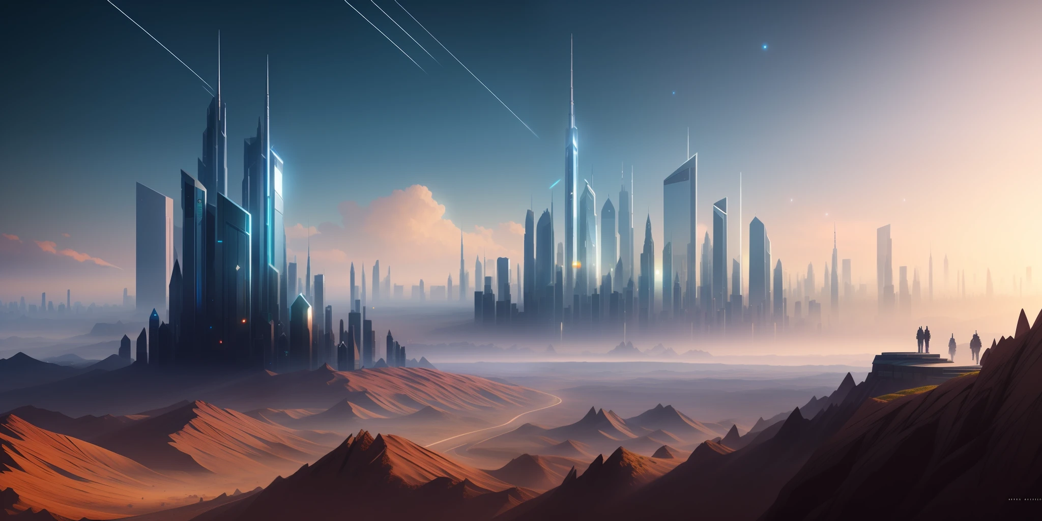 a beautiful landscape of an alien planet with a massive highly technological city with tall skyscrapers with a backdrop of stars and planets, digital illustration, (masterpiece), (high quality), best quality, high quality, extremely detailed CG unity 8k wallpaper, award winning photography, Bokeh, Depth of Field, HDR, bloom, Chromatic Aberration ,Photorealistic,extremely detailed, trending on artstation, trending on CGsociety, Intricate, High Detail, dramatic, art by midjourney