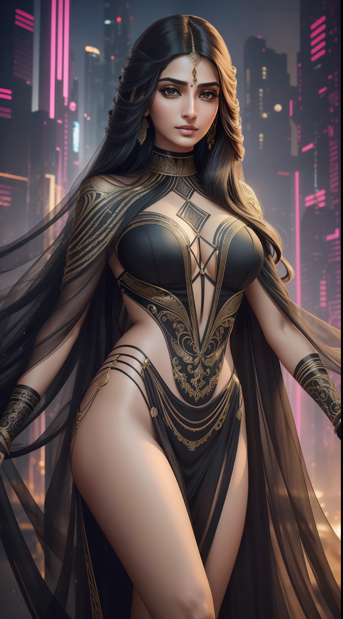 wide full body portrait shot of a y 35yo indian women wearing a backless black silk outfit in a Egypt environment, intricate, elegant, highly detailed, centered, smooth, sharp focus, soft makeup, night time, moon light, sharp detailed eyes,  thin lips, slender body, young face,(4k, realistic, ultra detailed, detailed, masterpiece,) Style-TronLegacy-8v-A, full medium shot, 35mm lens,  dynamic angle, close-up, intricate details, long hair flowing with the wind, black glowing outfit, futuristic, cyberpunk,
PureErosFace_V1, [:(detailed face:1.2):0.2]: Sonam Kapoor --auto --s2