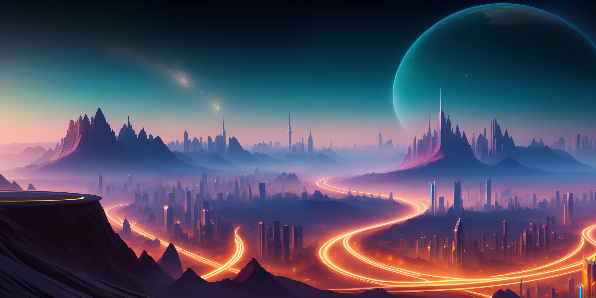 a beautiful landscape of an alien planet with a massive highly technological city with tall skyscrapers with a backdrop of stars and planets, digital illustration, (masterpiece), (high quality), best quality, high quality, extremely detailed CG unity 8k wallpaper, award winning photography, Bokeh, Depth of Field, HDR, bloom, Chromatic Aberration ,Photorealistic,extremely detailed, trending on artstation, trending on CGsociety, Intricate, High Detail, dramatic, art by midjourney