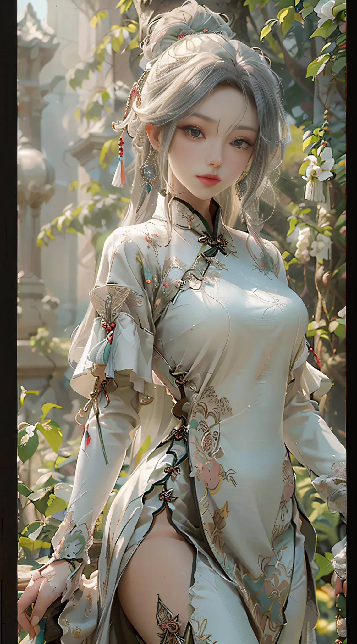 ((Best Quality)), ((Masterpiece)), (Details: 1.4), 3D, A Beautiful Female Figure, HDR (High Dynamic Range), Ancient Chinese Costumes, Satin Clothing, Feminine and Sexy, White Cheongsam, Green Hair Accessories, Tassel Earrings, Ray Tracing, NVIDIA RTX, Super-Resolution, Unreal 5, Subsurface Scattering, PBR Textures, Post Processing, Anisotropic Filtering, Depth of Field, Maximum Sharpness and Clarity, Multi-layer textures, albedo and specular mapping, surface shading, accurate simulation of light-material interactions, perfect proportions, Octane Render, two-color light, large aperture, low ISO, white balance, rule of thirds, 8K RAW,