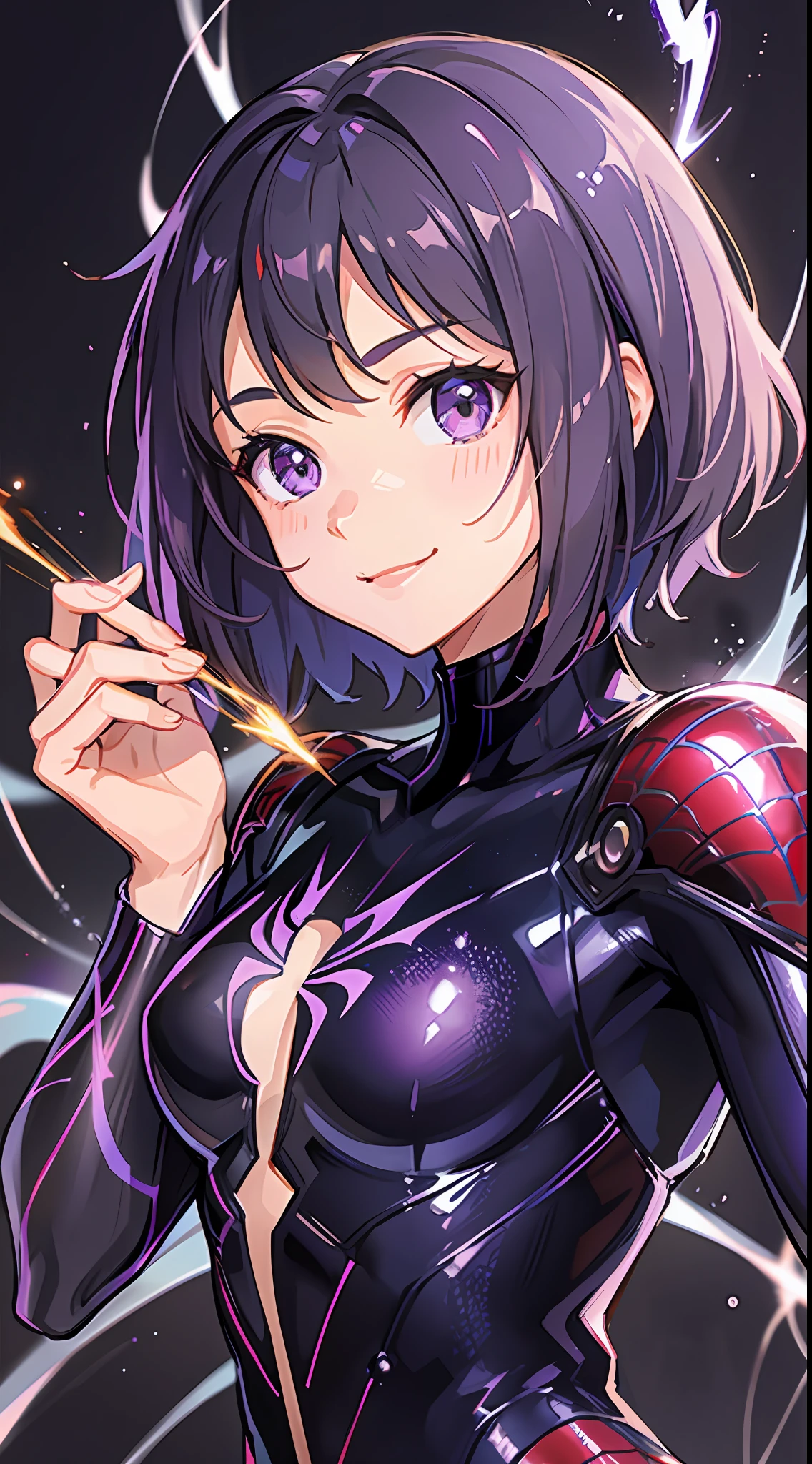 Young girl, short brown hair, purple eyes, Spider-Man 2099 shape, smile, cobweb, lightning, masterpiece, high quality