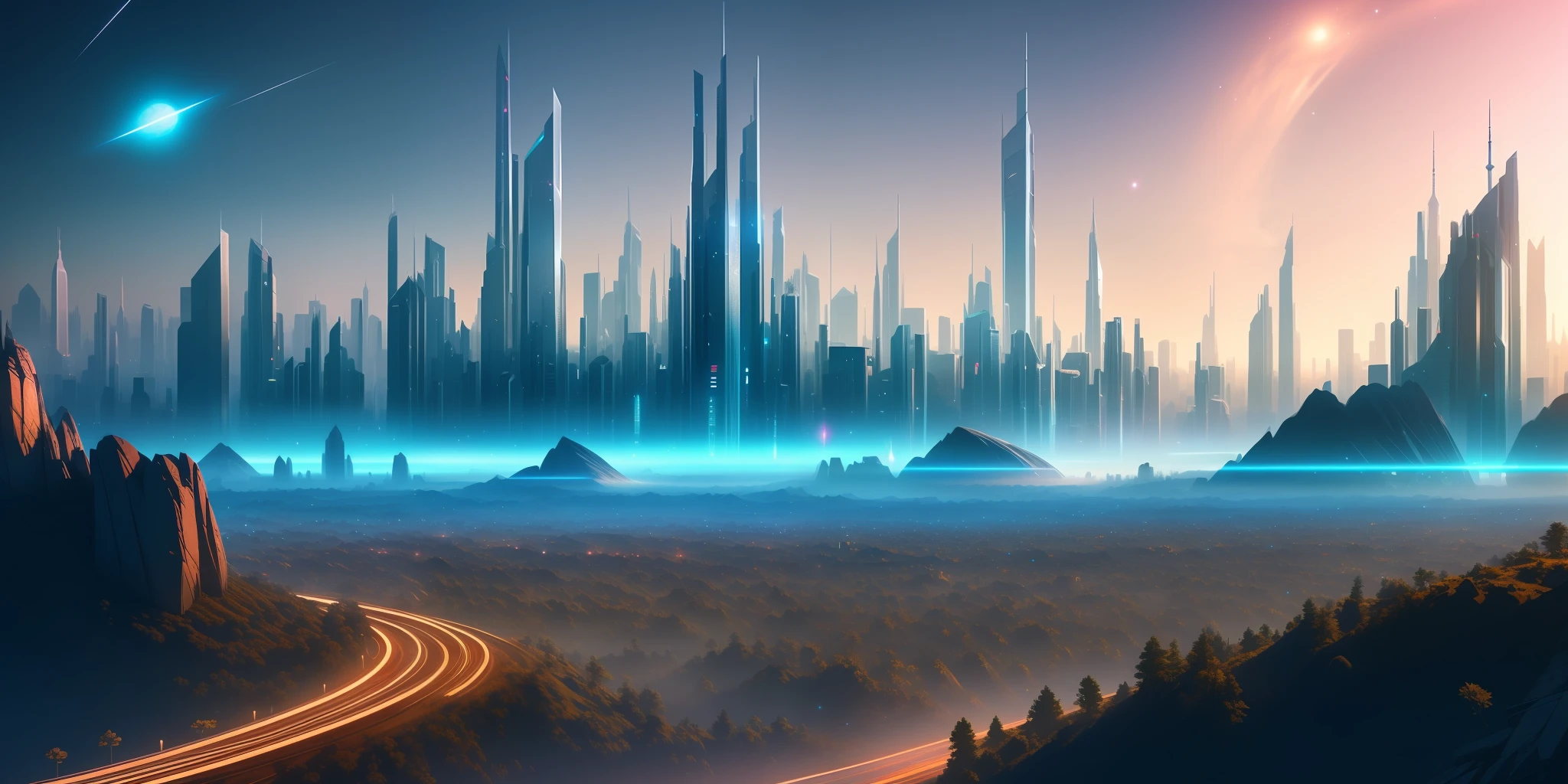 a beautiful landscape of an alien planet with a massive highly technological city with tall skyscrapers with a backdrop of stars and planets, digital illustration, (masterpiece), (high quality), best quality, high quality, extremely detailed CG unity 8k wallpaper, award winning photography, Bokeh, Depth of Field, HDR, bloom, Chromatic Aberration ,Photorealistic,extremely detailed, trending on artstation, trending on CGsociety, Intricate, High Detail, dramatic, art by midjourney