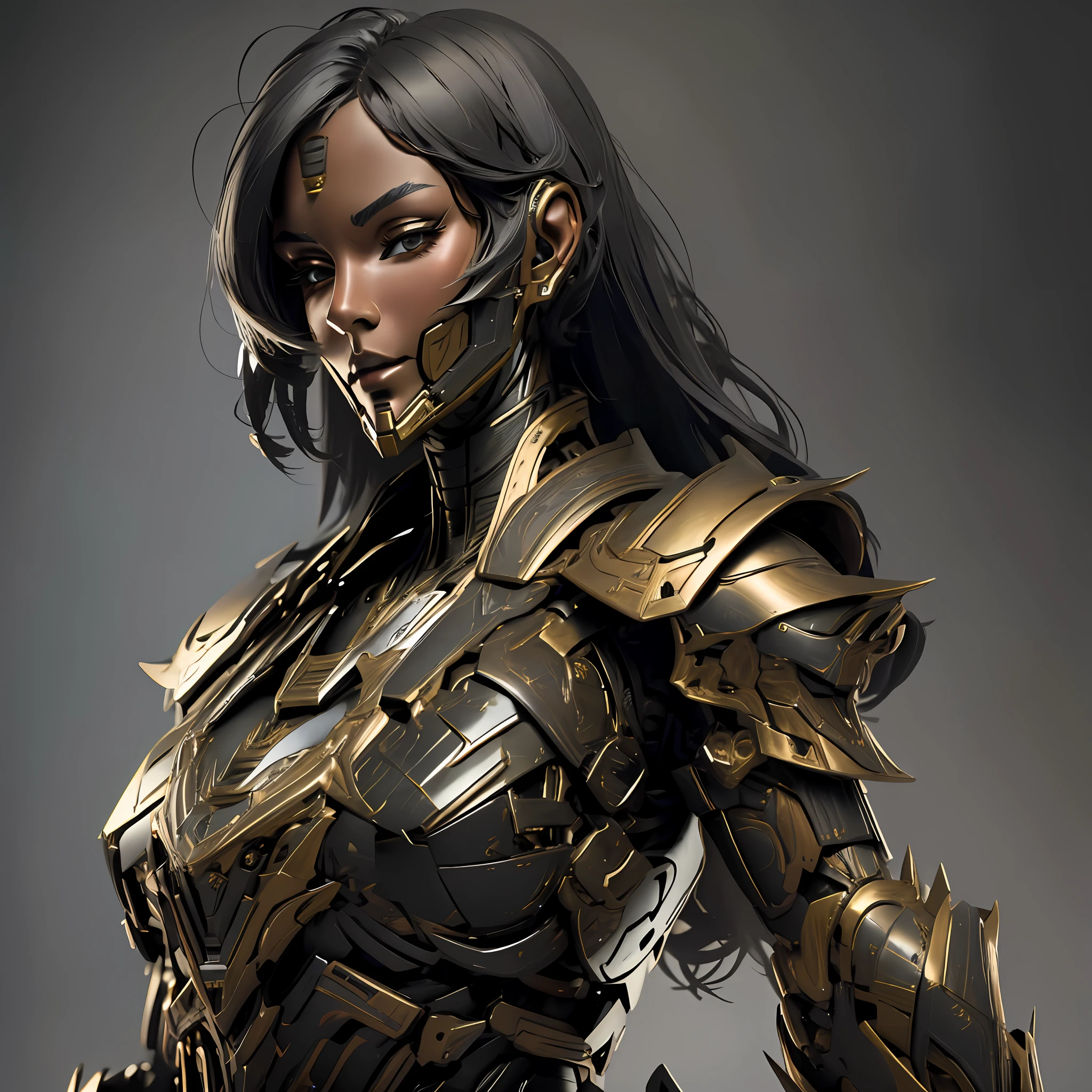 Beautiful tall woman with robotic armor with super realistic and well detailed black hair