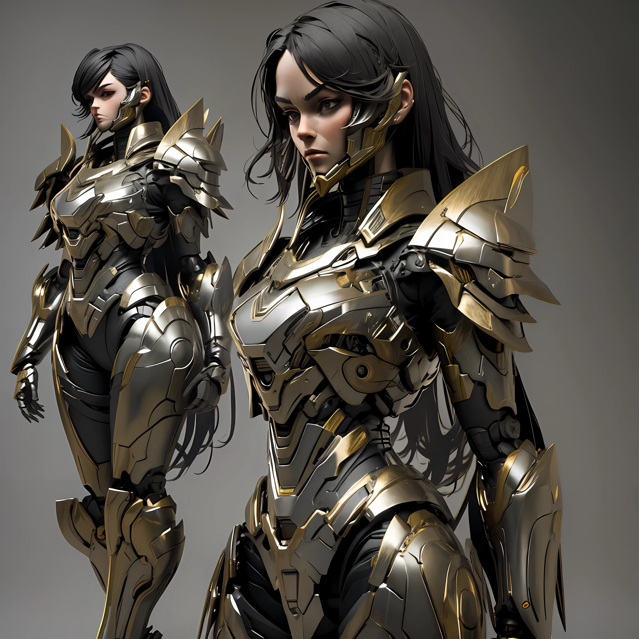 Beautiful tall woman with robotic armor with super realistic and well detailed black hair