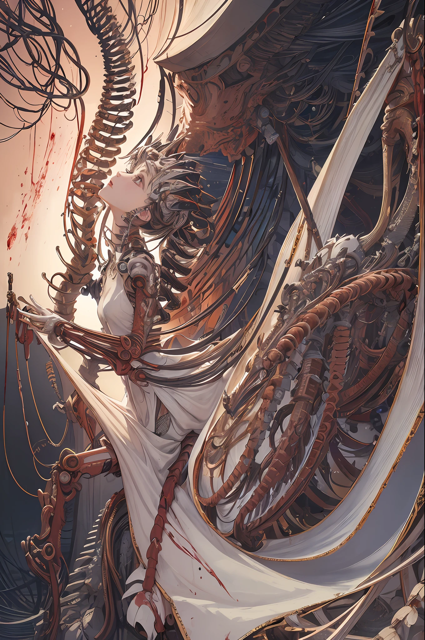 (masterpiece, top quality, best quality, official art, beautiful and aesthetic:1.2), (1girl:1.3), extreme detailed,colorful,highest detailed ((ultra-detailed)), (highly detailed CG illustration), ((an extremely delicate and beautiful)),(from side),cinematic light,((1mechanical girl)),solo,full body,(machine made joints:1.2),((machanical limbs)),(blood vessels connected to tubes),(mechanical vertebra attaching to back),((mechanical cervial attaching to neck)),(sitting),expressionless,(wires and cables attaching to neck:1.2),(wires and cables on head:1.2)(character focus),science fiction,white background,(blood:1.5)