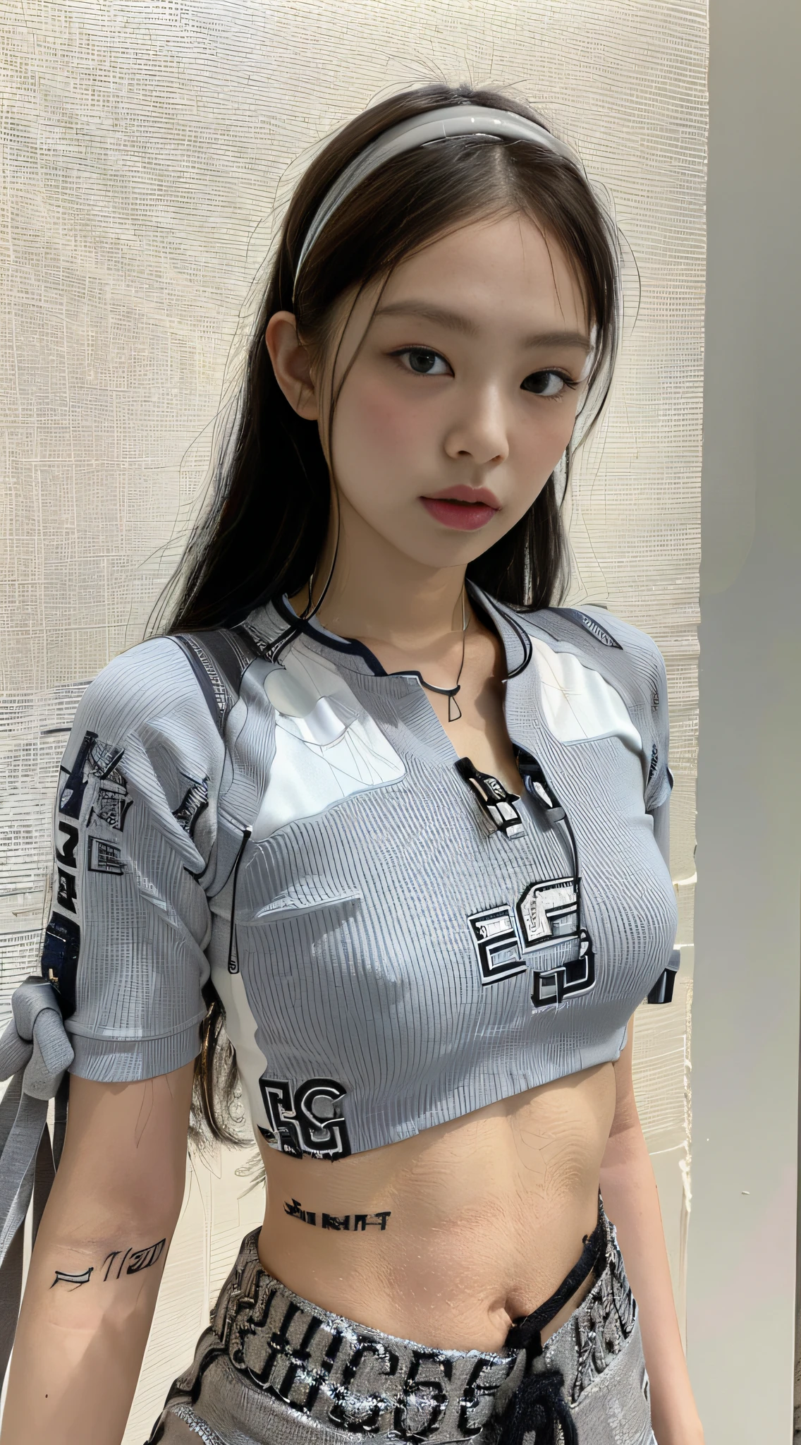 (1girl:1.3), Solo, __body-parts__, Kim Ji-ni Jennie face, wearing trendy brand, football T-shirt, thin body, bare waist, football shorts, world-weary face, cold eyes, Korean style photo photos, photographic lighting, strong contrast, sunlight on the face, world-weary face, high-class sense, cold eyes, feminine, background cement gray, 8k resolution image, intricate symmetrical details. The whole picture goes forward, mainly a woman standing all over her body, with smooth movements and a complete picture.