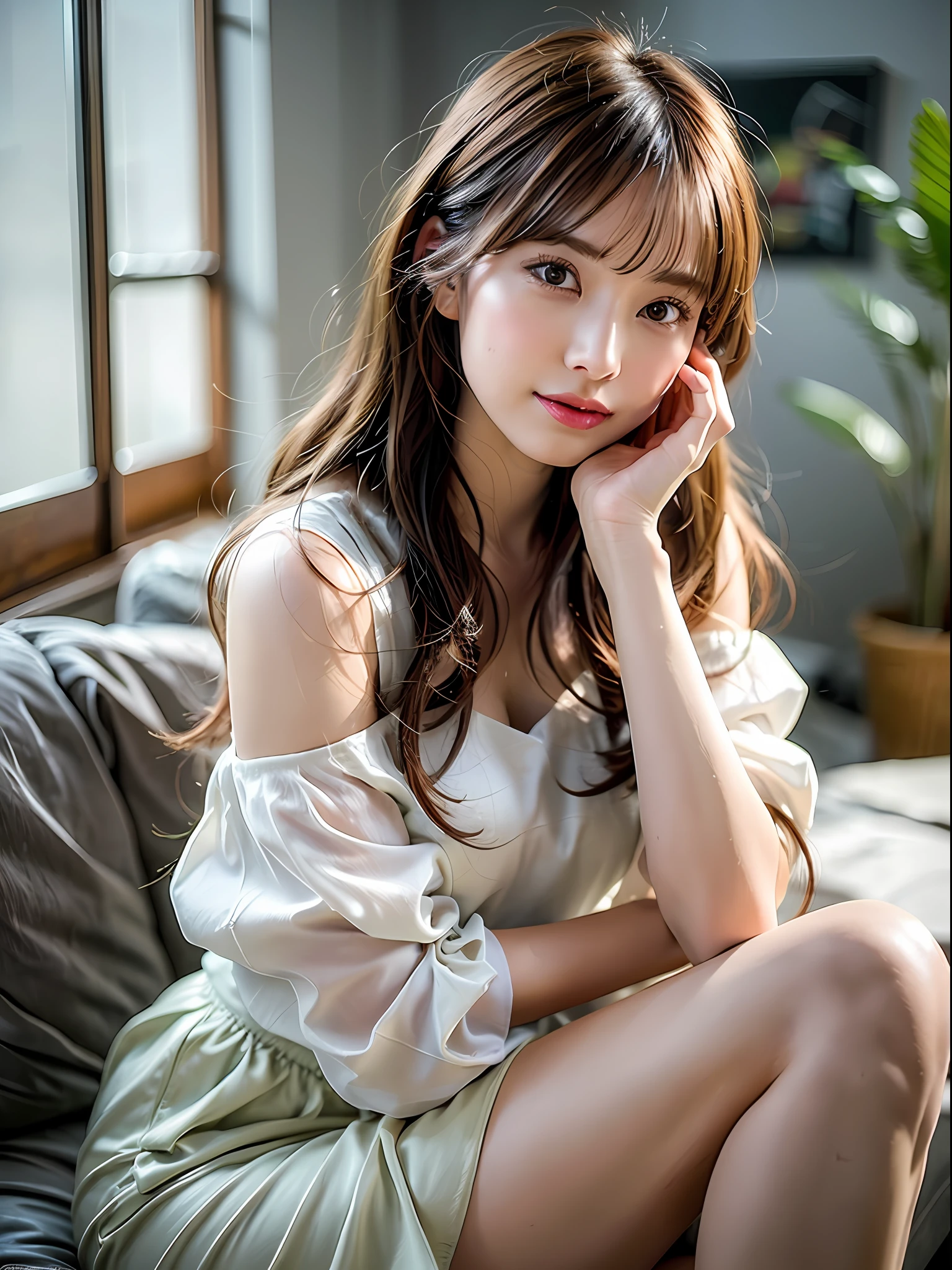 The project envisions shooting in a bright wood-like studio in bright summer morning to daylight light. Create highly elaborate CG Unity 8K wallpapers modeled after a beautiful-looking 30-something actress with a realistic, lifelike and ultra-detailed finish with a hairstyle and fashion style that matches the trends of 2023. The model is slender, cute, and mature. Her features are a straight medium style that matches the trend of 2023, a fluttering feeling in the wind, and a slightly brighter and softer trendy hair color. Shooting takes place indoors with natural light, so be sure to shoot in a way that feels soft. The skin quality of the model is delicate, and you should pay attention to the fine details and softness of the hair. Studio sets take cool images, camera angles shoot in a range from the waist up. The model's hair color should be slightly light and soft, and the makeup should emphasize bright lips and eye-catching mascara, with a natural and light styling. For your fashion style, choose a rough outfit that matches the summer trends of 2023 and use pale pastel colors to express a sense of relaxation. The final image should be shot in a studio in bright summer light, and try to create a refreshing and summery atmosphere. The pose of the model is sitting on one knee and turning around, and the hand feels naturally at the mouth.
