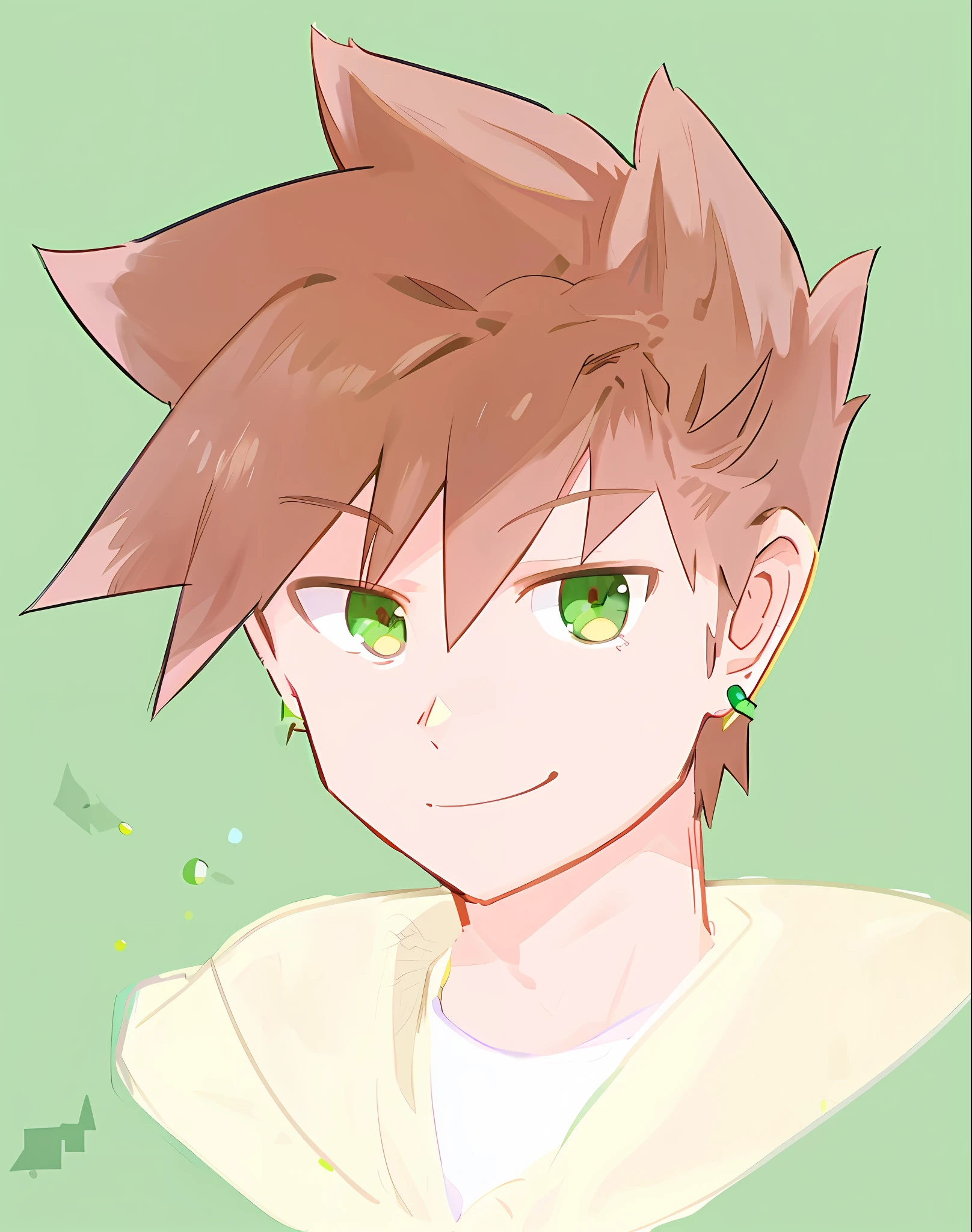 A piece that focuses on the depiction of a male Pokémon character, spiky hair, an invincible smile, light brown hair, light brown eyes, green earrings, and neck up.