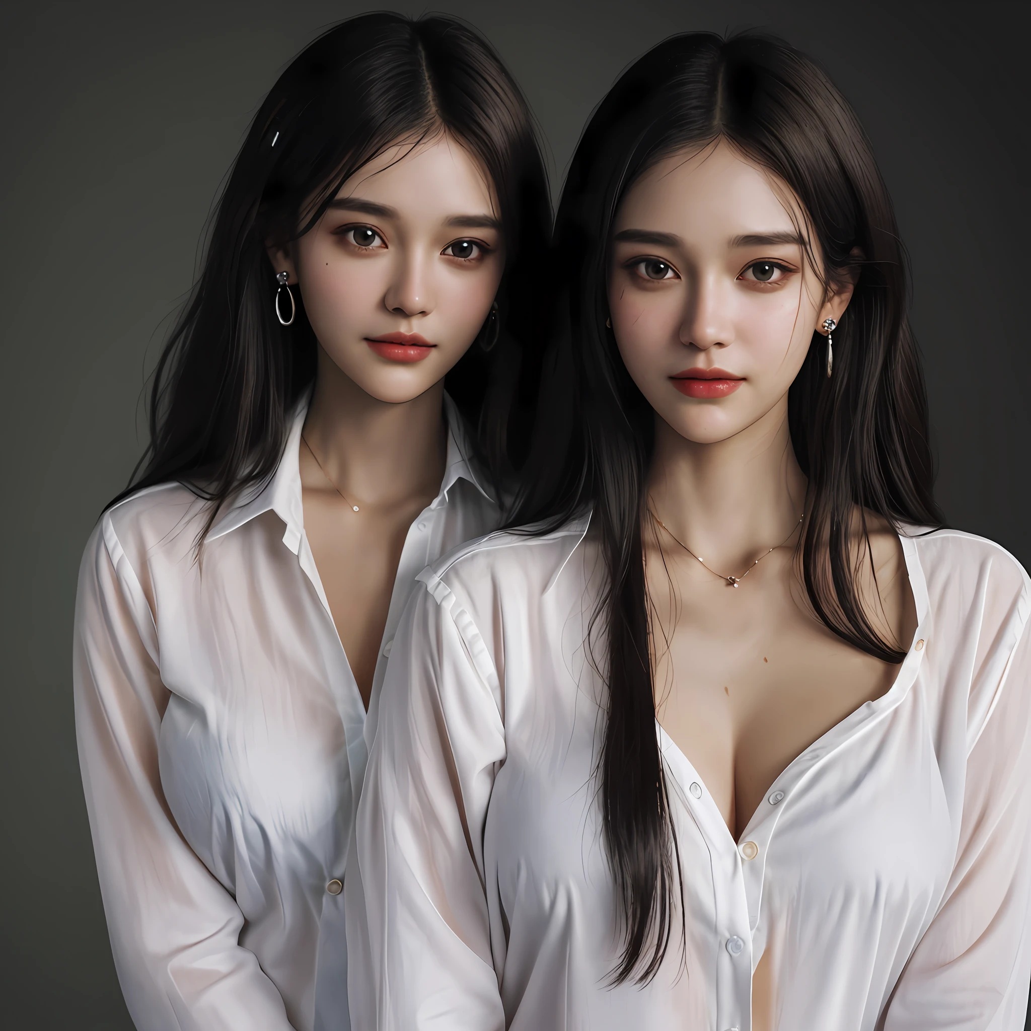 (buttons up to shirt length: 1.2), (rain-soaked white shirt), (unbuttoned shirt: 1.1), big, deep cleavage, top quality, masterpiece, very delicate and beautiful, very detailed, unity, 8k wallpaper, amazing, fine detail, highly detailed CG Unity 8K wallpaper, huge file size, very detailed, high resolution, handsome detailed woman, very detailed eyes and face,  Stunning detailed eyes, face light, (best illustration: 1.1), (best shadow: 1.1), super high resolution, (photorealistic: 1.1), (photorealistic 1.2:1.1), realistic face proportions, slim, smile, (makeup: 0.4), (fluffy black eyes: 1.21), black eyes, viewer look, dark brown hair, earrings, necklaces, hairpins, Cowboy shots, (irregular irregular skin defects, veins, wrinkled pores: 1.2), (dark night background: 1.2), (bokeh: 1.4),