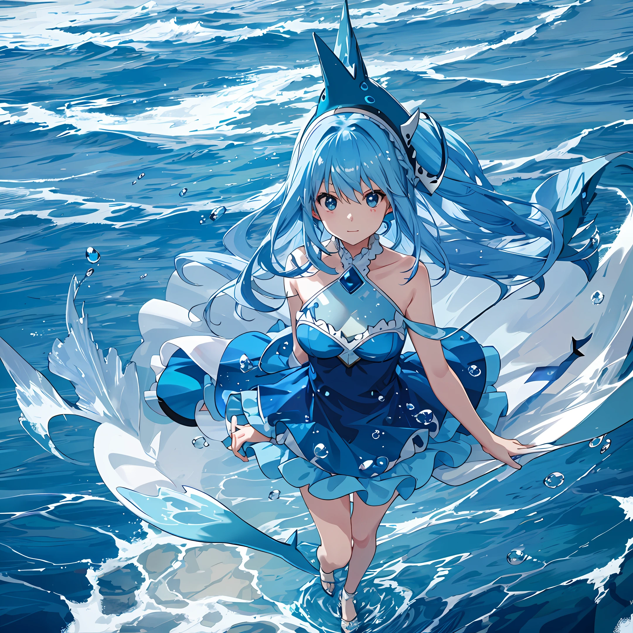 Personification of a blue-haired shark, cute, anime style, landscape, water bubbles in the sea,