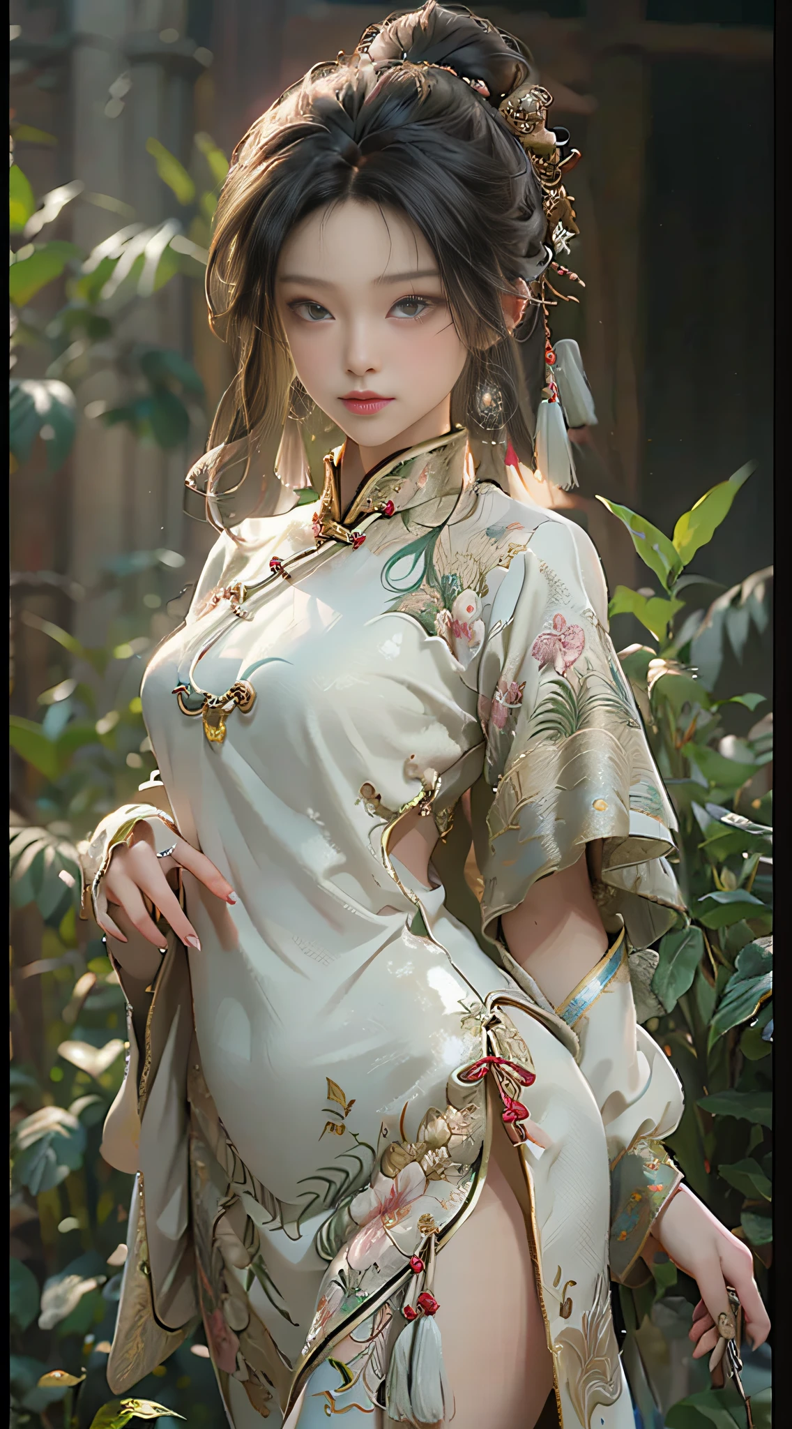 ((Best Quality)), ((Masterpiece)), (Details: 1.4), 3D, A Beautiful Female Figure, HDR (High Dynamic Range), Ancient Chinese Costumes, Satin Clothing, Feminine and Sexy, White Cheongsam, Green Hair Accessories, Tassel Earrings, Ray Tracing, NVIDIA RTX, Super-Resolution, Unreal 5, Subsurface Scattering, PBR Textures, Post Processing, Anisotropic Filtering, Depth of Field, Maximum Sharpness and Clarity, Multi-layer textures, albedo and specular mapping, surface shading, accurate simulation of light-material interactions, perfect proportions, Octane Render, two-color light, large aperture, low ISO, white balance, rule of thirds, 8K RAW, ultra-fine detail facial features, facial details, finger details