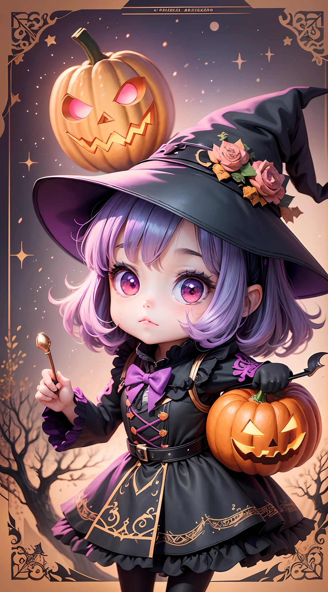 illustration of a cute witch named Lora , cute pumpkins, halloween, creepy trees, manga style, kawaii, black, purple, pink, gold,  detailed freplace, cute, kawaii, chibi, manga style, illustration, vintage style,  epic light, fantasy, fantasy art, watercolor effect, bokeh, Adobe Illustrator, hand-drawn, digital painting, low-poly, retro aesthetic, focused on the character, 4K resolution, using Cinema 4D, white outline, vivid print, watrecolor painting, illustriation, 4k, manga style, detailed bookbinder, detailed potions, tim burtons night before christmas