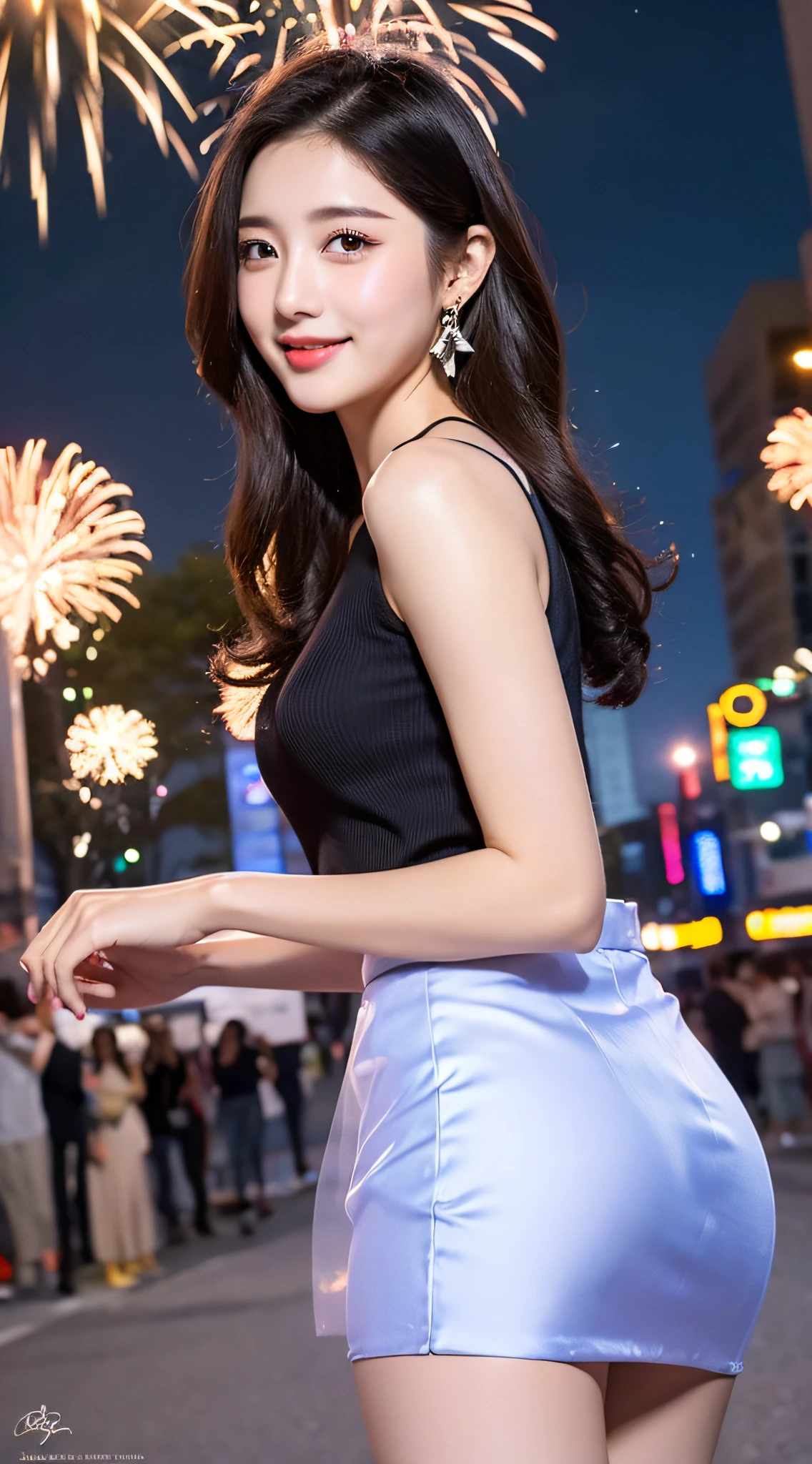 High detail, 8k resolution, super high resolution, a sweet girl cute maiden, color clear eyes, exquisite earrings, gemstone necklace, (smooth hair), collarbone, long eyelashes, sweet eyes, lying silkworms, smile, dynamic angle, ultimate picture quality, highest precision, precise perfect human body structure, night city, on the bustling street, (translucent skirt), (transparent skirt) (silk skirt), (fireworks blooming in the air), front look at the camera
