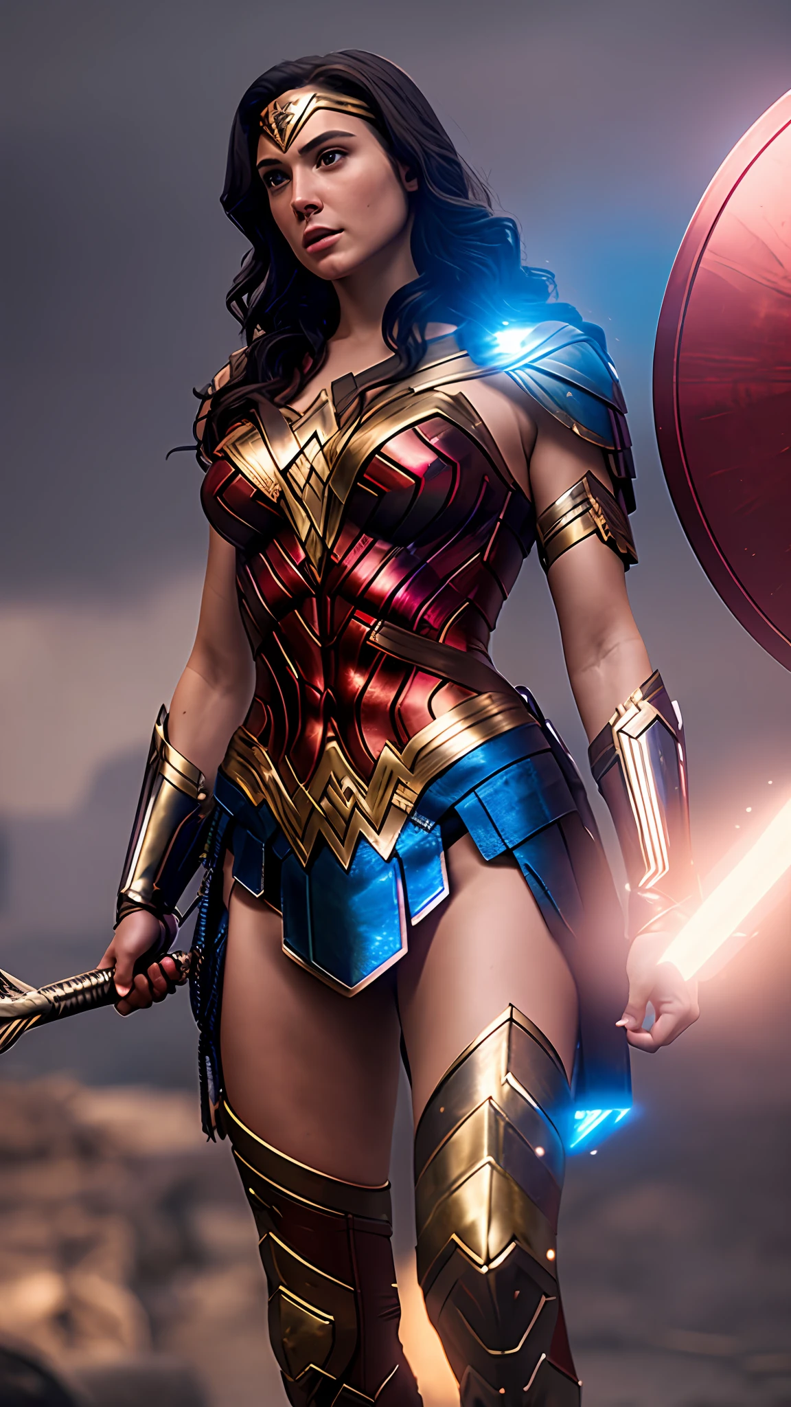 wonder woman, red and blue armor, photography, soft lighting, soft details, octane, artstation trending, ultra high detail, ultra realistic, cinematic,16k