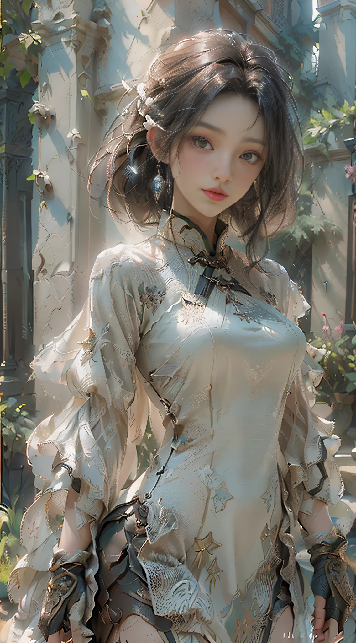 ((Best Quality)), ((Masterpiece), (Detail: 1.4), 3D, A Beautiful Female Figure, HDR (High Dynamic Range), Ancient Maiden, Cheongsam Wearing, Feminine and Sexy, Enchanting Posture, Ray Tracing, NVIDIA RTX, Super-Resolution, Unreal 5, Subsurface Scattering, PBR Textures, Post-processing, Anisotropic Filtering, Depth of Field, Maximum Sharpness and Clarity, Multi-layered Textures, Albedo and specular mapping, surface shading, accurate simulation of light-material interactions, perfect proportions, Octane Render, two-color light, large aperture, low ISO, white balance, rule of thirds, 8K RAW, finger detailing, refined facial features, focus on the face