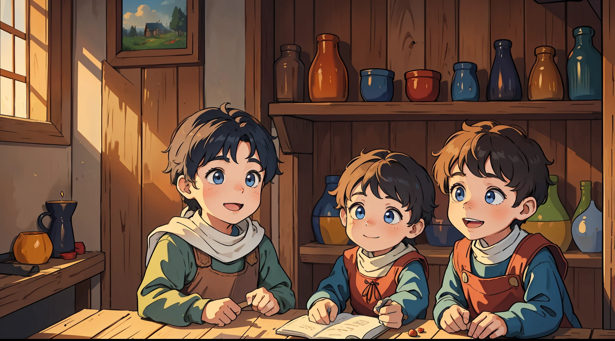 12 children, boys in a wooden house, wearing simple medieval clothes, they have different physiognomies, colors and hair of different colors, they are different and happy children;