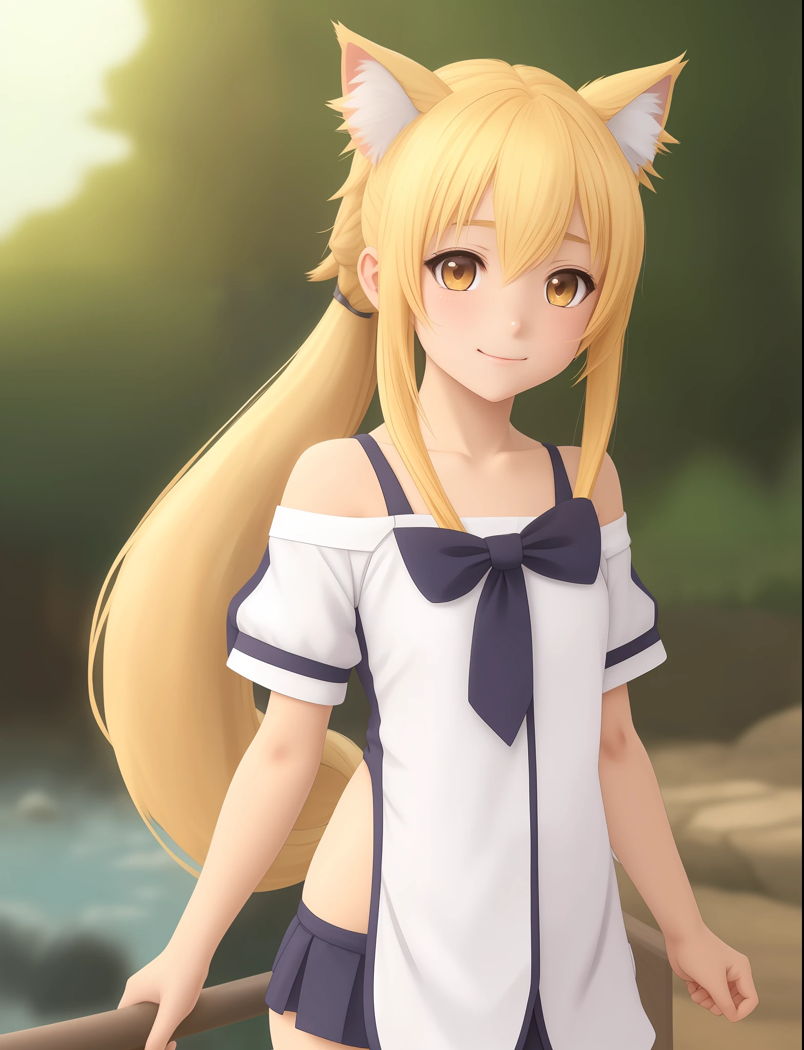 prepubescent, beautifully, full body,, catgirl, cat ear, , children, behind ponytail hair, blonde hair, Beautiful anime style girl, cute face, digital art, anime style, shiranui flare, 2d, anime, pastel color isekai adventurer clothing, mage, embarased, shy, happy, young girl, cute, adorable
