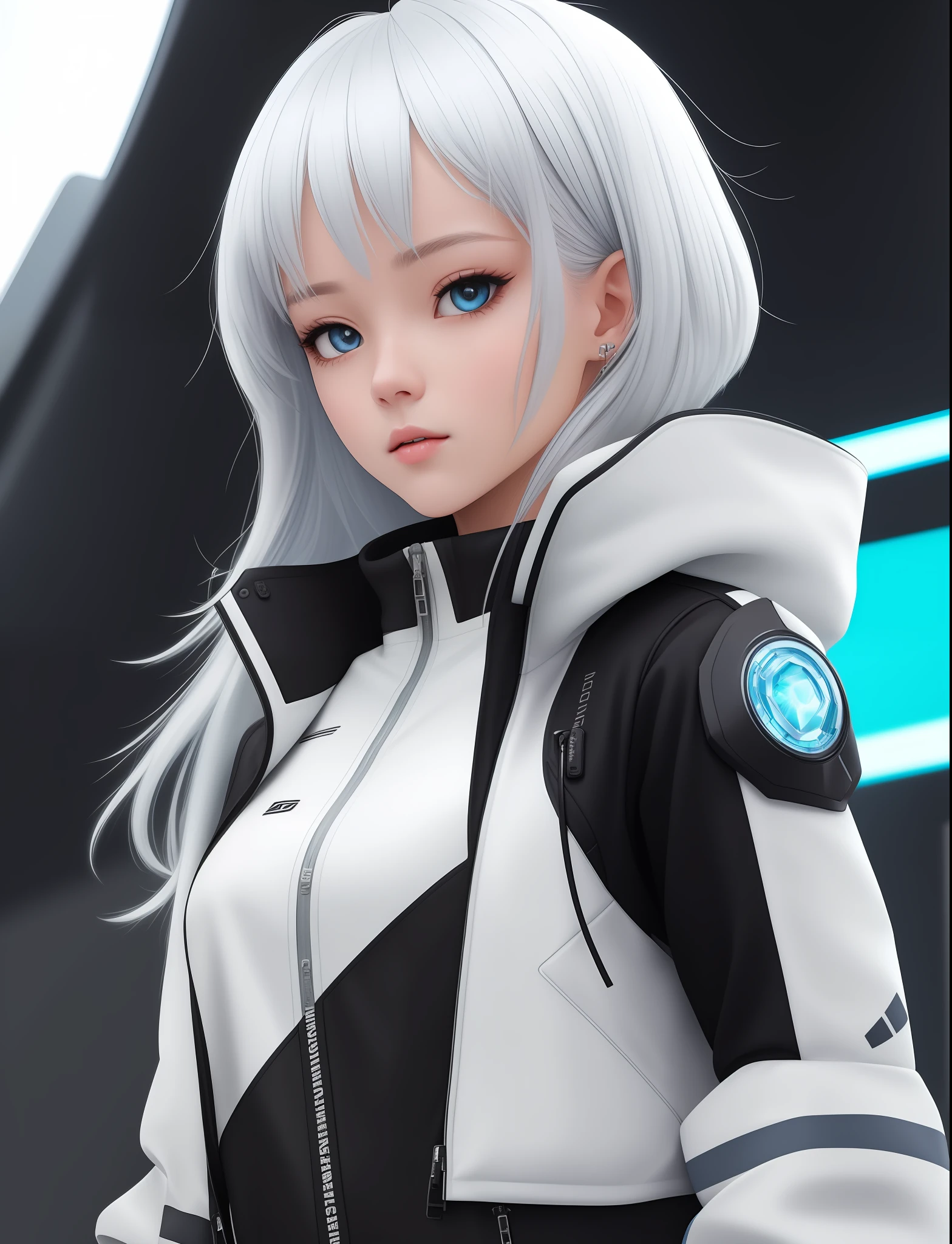 prepubescent, beautifully, full body,, Create a portrait of a cute anime-style li girl wearing a techwear-inspired outfit with an icy theme. The girl should have spiky white hair that falls to shoulder length and matches the cool-toned color palette of her outfit. Her outfit should be made of a mixture of black and blue materials with a futuristic aesthetic, such as neoprene, mesh, or synthetic fibers, with silver or chrome accents. She should have a playful expression on her face, and her eyes should be a bright blue or white. The background should feature an abstract design with icy tones and a subtle depth of field, drawing attention to the character's outfit and features. Consider adding small details such as wires, buckles, and zippers to emphasize the techwear aspect of the outfit. Overall, the portrait should be detailed and intricate, capturing the futuristic and cool aesthetic of the character's outfit