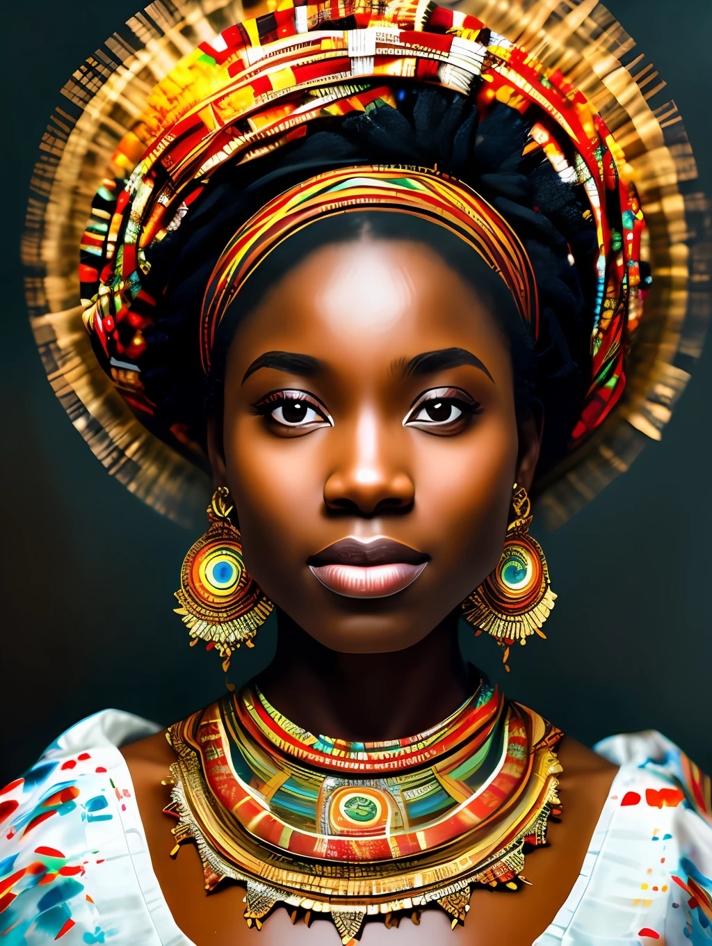 A stunningly beautiful African ethnic traditional dancer, detailed and sharp focus on her face, ultra details, hi-res, portrait by Willem Haenraets, watercolor, wet on wet and splattering techniques, centered, perfect composition, abstraction, surrealism, trending on artstation, sharp focus, studio photo, intricate details, highly detailed, by Greg Rutkowski