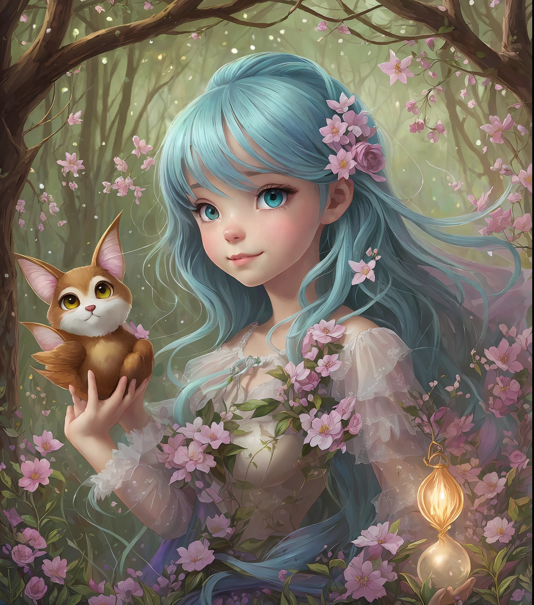 witch, super cute fairy with big bright eyes friend with mythical creature, beast, fluffy, gradient color ((best quality)), digital painting, dreamlike, intricate details, sharp focus, trending on artstation, art by lois van baarle and loish and ross tran and rossdraws and sam yang and samis arts and artgerm, fairy tales, pixar, disney, dreamworks style, surrounded by magical fairies in a dreamlike forest, rendered in intricate detail in a digital painting with sharp focus, inspired by fairy tales and animated movies from pixar, Disney, and dreamworks, and created by the talented artists lois van baarle, Loish, Ross Tran, Rossdraws, sam yang, samis arts, and artgerm, Trending on Artstation, this artwork is sure to capture hearts with its delightful charm, (Chibi:1,3)