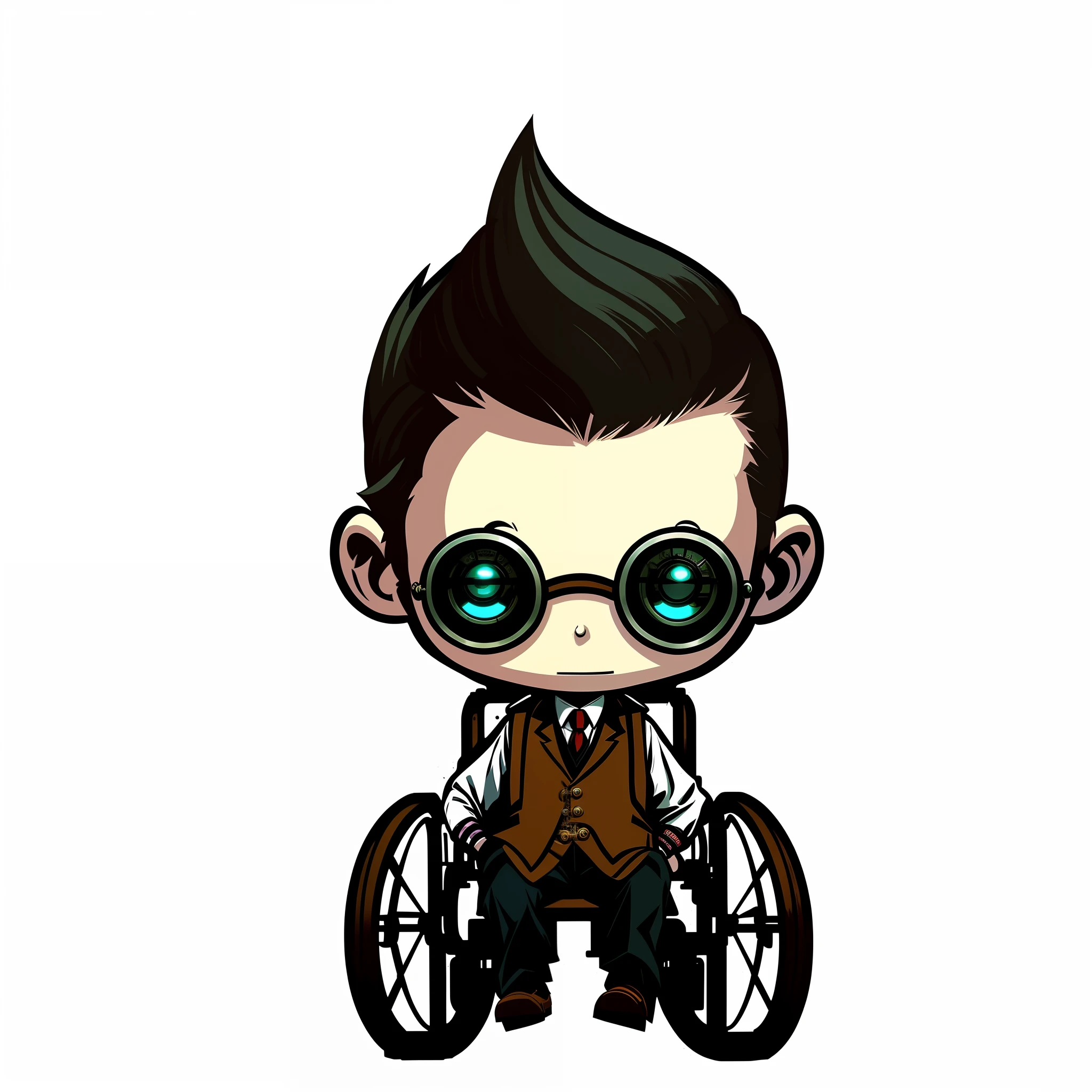 cartoon boy in a suit and tie sitting in a wheelchair, lofi steampunk bioshock portrait, lofi bioshock steampunk portrait, very stylized character design, bioshock infinite style, advanced digital chibi art, bioshock infinite art style, chibi art, high quality character design, official fanart, steampunk illustration, indsutrial steampunk, dishonored style, bioshock art style