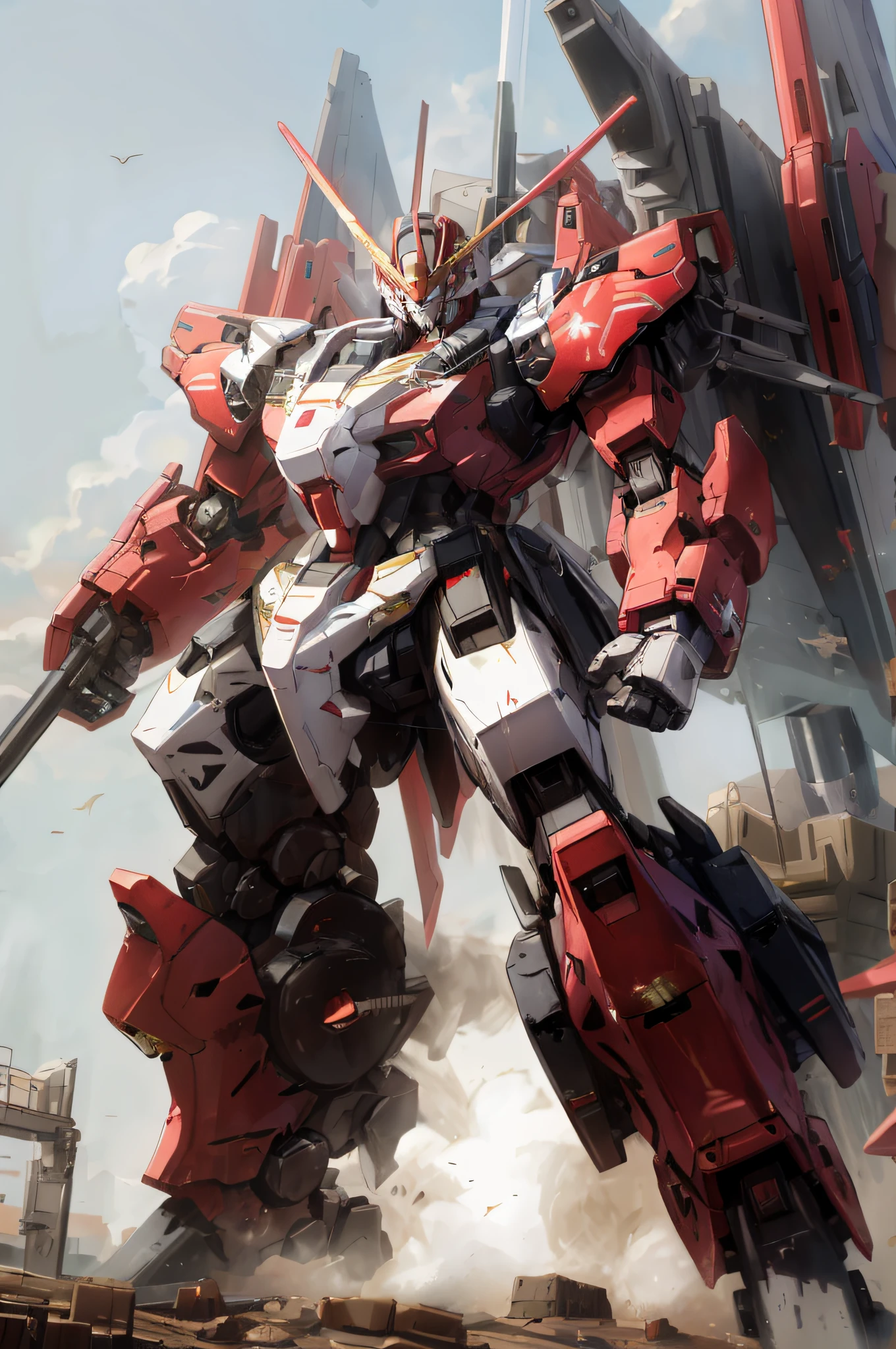 arafed robot standing on a platform with a large gun in its hand, mecha art, cool mecha style, alexandre ferra mecha, modern mecha anime, alexandre ferra white mecha, an anime large mecha robot, mecha anime, giant anime mecha, mecha asthetic, gundam style, red mech
