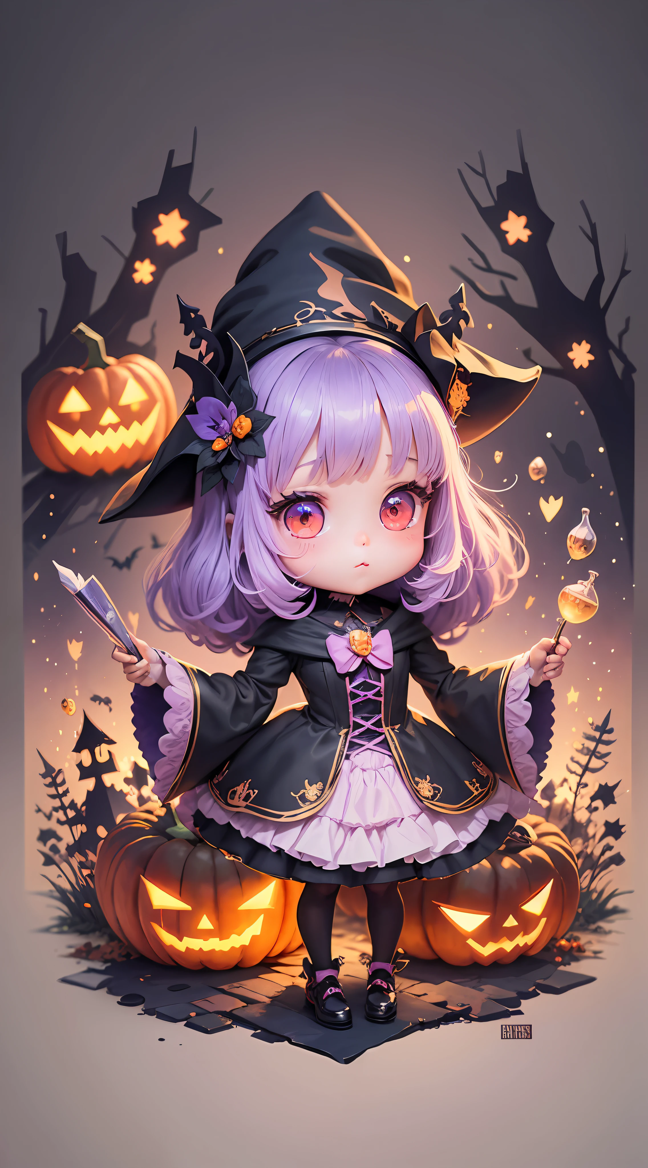 illustration of a cute witch named Lora , cute pumpkins, halloween, creepy trees, manga style, kawaii, black, purple, pink, gold, detailed freplace, cute, kawaii, chibi, manga style, illustration, vintage style, epic light, fantasy, fantasy art, watercolor effect, bokeh, Adobe Illustrator, hand-drawn, digital painting, low-poly, retro aesthetic, focused on the character, 4K resolution, using Cinema 4D, white outline, vivid print, watrecolor painting, illustriation, 4k, manga style, detailed bookbinder, detailed potions, tim burtons night before christmas