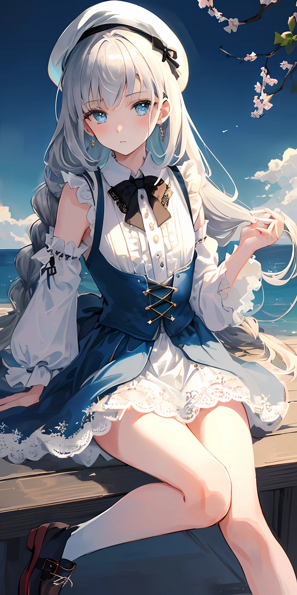 (🖐️:1.3)+/+/(Sakimori_Kagami:1.2)+/+/(1 girl:1.3)+/+/(loli:1.3)+/+/(lass:1.2)+/+/(A cup:1.2)+/+/(white_lace-trimmed dress:1.4)+/+/(long_dress)+/+/(illustration)+/+/cinematic angle+/+/Soft Lighting+/+/caustics+/+/Raytracing+/+/ultra-detailed+/+/disheveled hair+/+/right human structure+/+/(solo)+/+/(beautiful detailed face:1.3)+/+/(beautiful detailed hair:1.3)+/+/(silvery_hair:1.2)+/+/twin braids+/+/(ahoge:1.2)+/+/(long_hair)+/+/(blue_eyes)+/+/(beautiful detailed eyes:1.2)+/+/(shiny skin:1.3)+/+/(beret:1.2)+/+/(bare_legs:1.3)+/+/(galsses:1.2)+/+/sitting,(😉:1.3),(Leg loop:1.2),(shoes:1.2),nature,(Loose hair:1.3),((masterpiece)), (((best quality))), ((ultra-detailed)), ((illustration)), ((disheveled hair)), ((frills)), (1 girl), (solo), dynamic angle, big top sleeves, floating, beautiful detailed sky, on beautiful detailed water, beautiful detailed eyes, overexposure, (fist), expressionless, side blunt bangs, hairs between eyes, ribbons, bowties, buttons, bare shoulders, (((small breast))), detailed wet clothes, blank stare, pleated skirt, flowers_x0005_