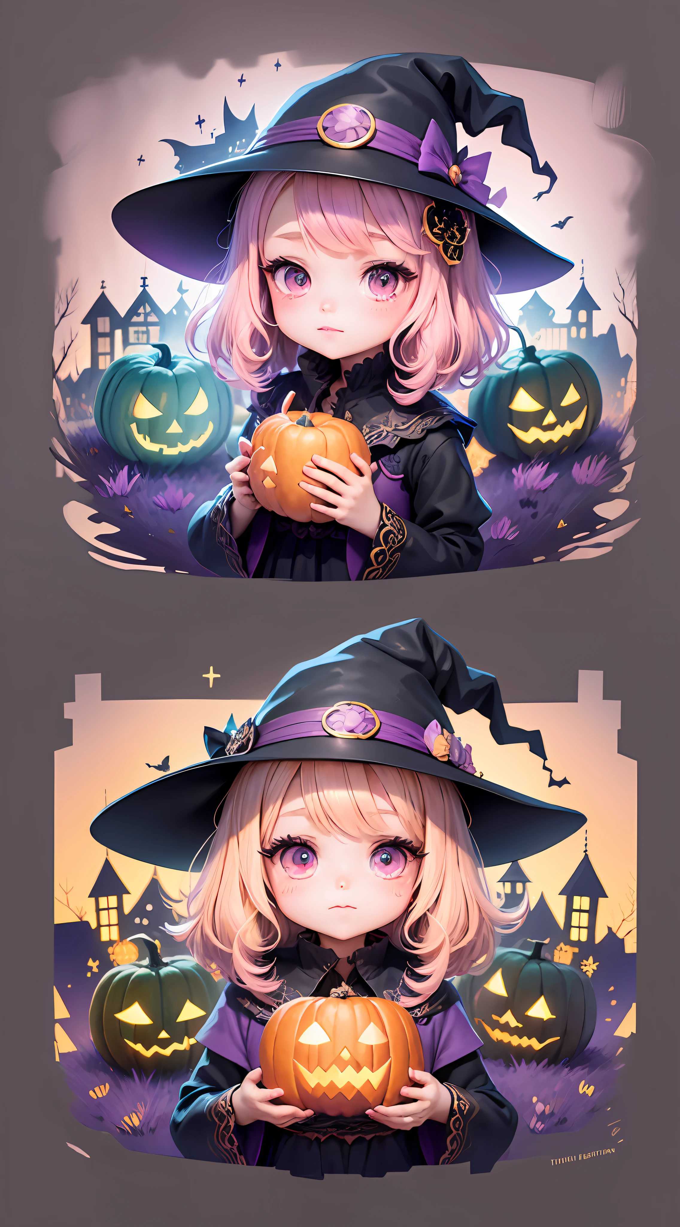 illustration of a cute witch named Lora , cute pumpkins, halloween, creepy trees, manga style, kawaii, black, purple, pink, gold,  detailed freplace, cute, kawaii, chibi, manga style, illustration, vintage style,  epic light, fantasy, fantasy art, watercolor effect, bokeh, Adobe Illustrator, hand-drawn, digital painting, low-poly, retro aesthetic, focused on the character, 4K resolution, using Cinema 4D, white outline, vivid print, watrecolor painting, illustriation, 4k, manga style, detailed bookbinder, detailed potions, tim burtons night before christmas