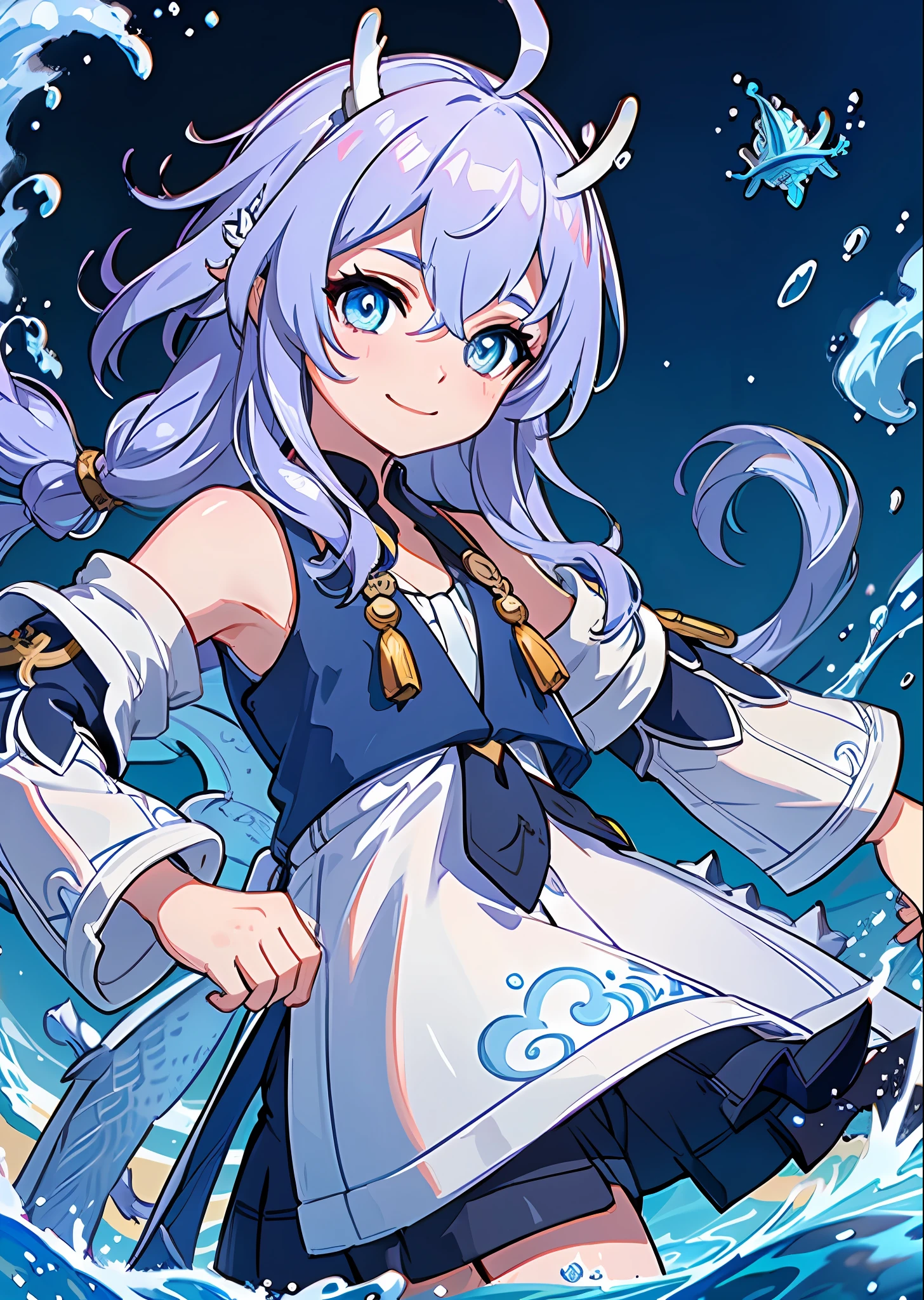 (Best Quality: 1.3), (Masterpiece: 1.3), (Illustration: 1.3), (Ultra Detail: 1.3), (Imid Shot: 0.9), 1girl, solo, very young, upper body, short neck, small breasts, child (soaking in stream: 1.2), dragon tail, girl, ahoge, blue eyes, jewel eyes, very fine eyes, very fine face, shut up, smile, happy, naughty face, water, fish, ocean, two dragon horns on the head, blue and white dress, oriental dragon