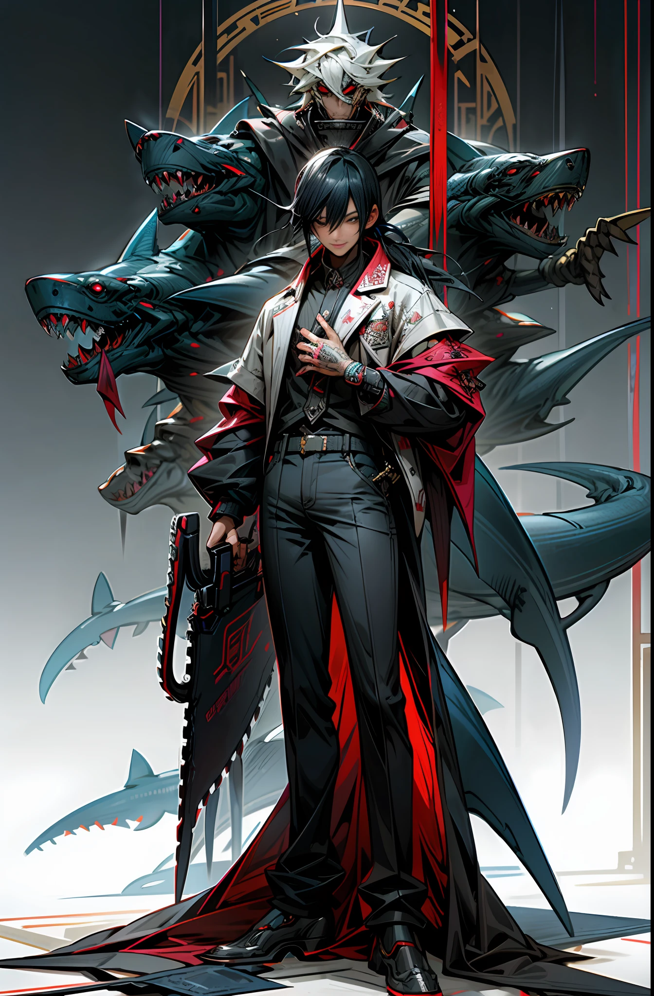 Dark_Fantasy, Cyberpunk, (Chainsaw, Chainsaw Man, Boys and Girls, Tattoo, Chinoiserie, Shark, Red: 1.1), 2 People, Mechanical Marvel, A Tattooed Boy and a Girl Standing on a Robotic Shark, Shark Presence, Chinese Style, Cybernetics Guardian,