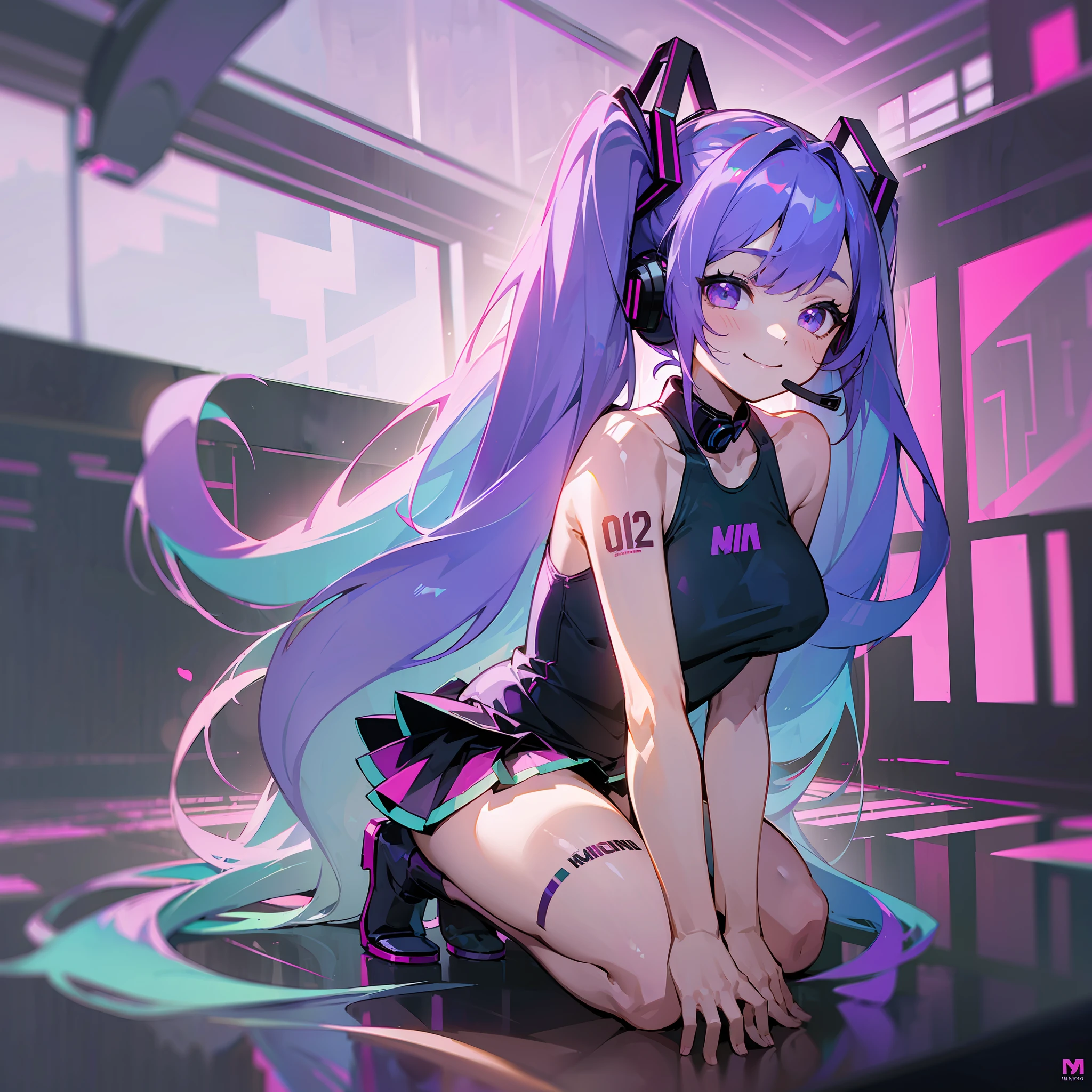 ((Masterpiece))), (Best Quality)), Chromatic Aberration, 1girl, Solo, Skirt, Hatsune Miku, Long Hair, Thighs, Twin Tails, Kneeling, ,Headset, Purple Eyes, Purple Hair, Full Body, Live Venue Background, Very Long Hair, Tattoo,Hair Ornament, Wearing a Pink Swimsuit,Happy --auto --s2