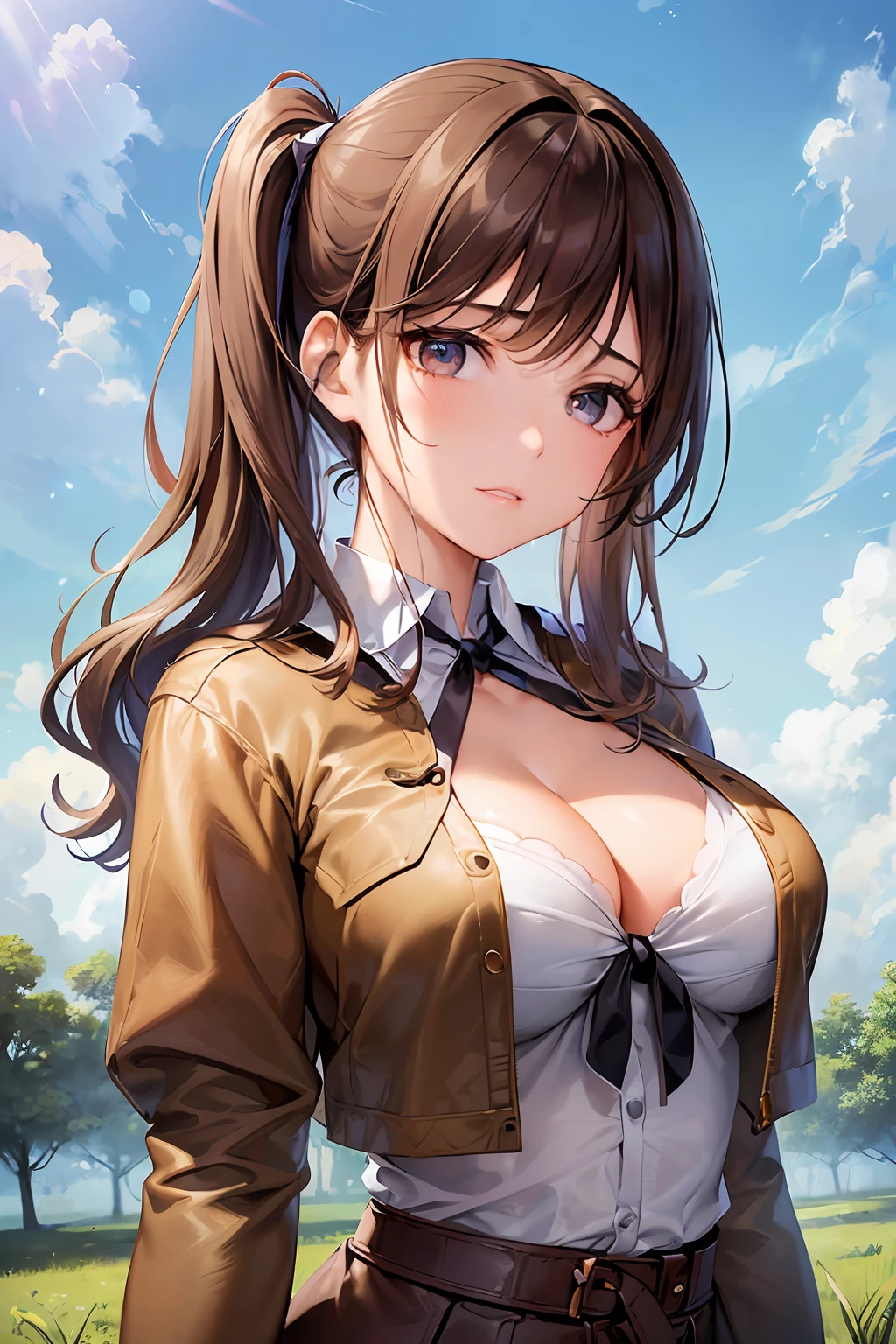 (a extremely delicate and beautiful girls, animification, Beautiful detailed girl, extremely beautiful detailed face and eyes, cowboy shot, from below, leaning forward, extremely detailed body, abs, girl, young, 18 years old, medium hair, wavy hair, wept bangs, side ponytail, light brown hair, beautiful detailed hair, delicate beautiful face, seductive smile, beautiful and detailed eyes, large breasts, brown eyes, Authentic skin texture), (crop jacket  , tied blouse ,open blouse , cleavage , wearing school girl), noon, beautiful and clear background, grass background, backlighting, magazine cover, extremely detailed 8K wallpaper, very precise detailed,