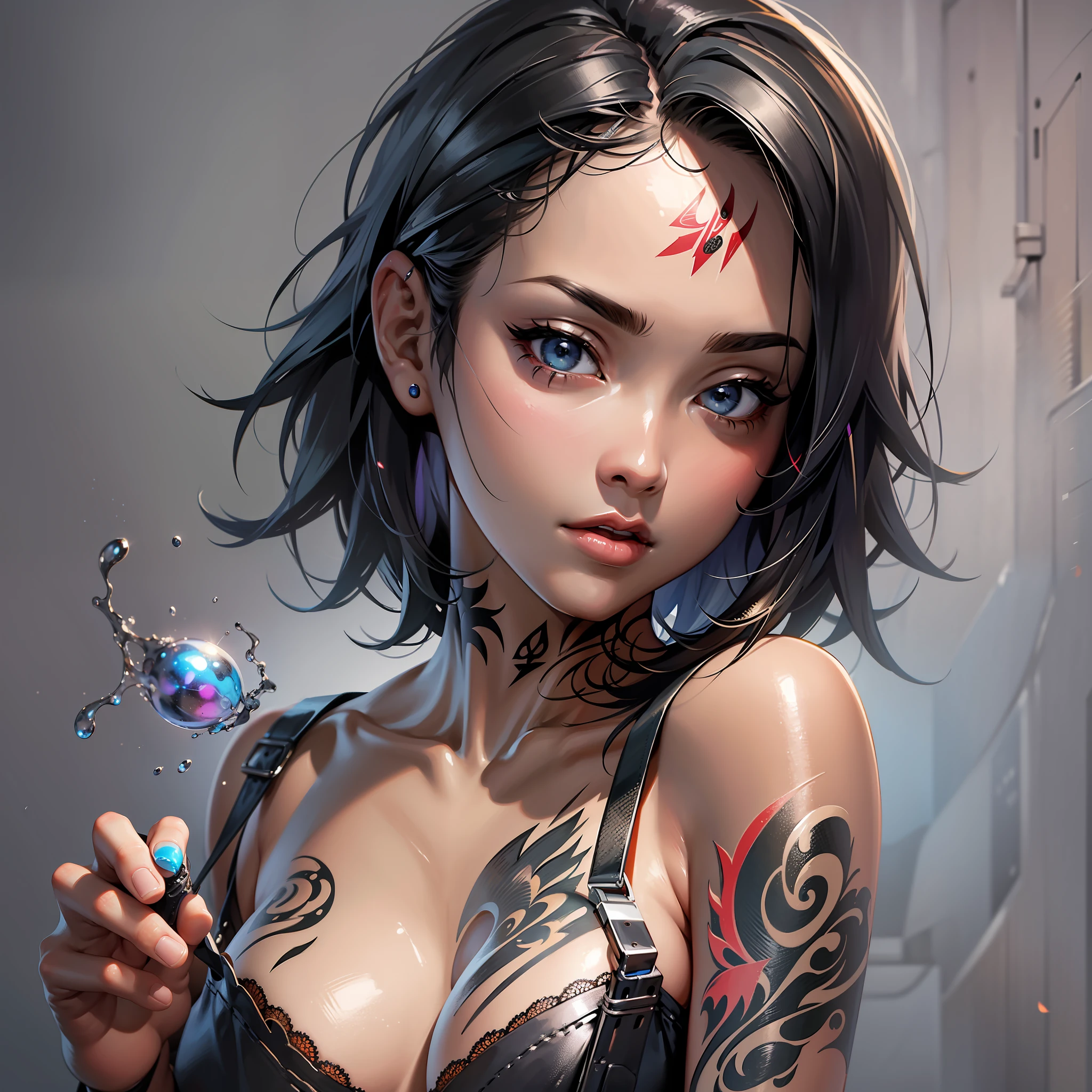 Masterpiece, best quality, official art, 8k wallpaper, very detailed, simple background, 1 girl, black bra, tattoo, short hair, sexy,