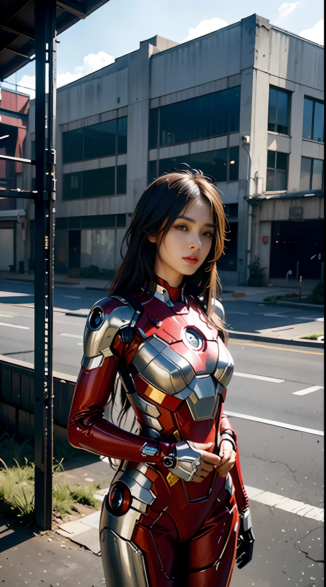 8k, realistic, attractive, highly detailed, a 20 year old girl a sexy and attractive woman inspired by Iron Man wearing a shiny Iron Man mech. She dresses with sexiness and confidence, perfectly interpreting Iron Man&#39;s strength and charisma. The abandoned warehouse serves as a backdrop, creating a unique atmosphere that highlights her bravery and perseverance. The cloudy sky adds a sense of tension and mystery to the whole scene. This high-definition, high-quality picture will bring you a shocking visual experience. The detailed abandoned warehouse and shiny mechs will keep your eyes on you. oc rendering, dramatic lighting, award winning quality