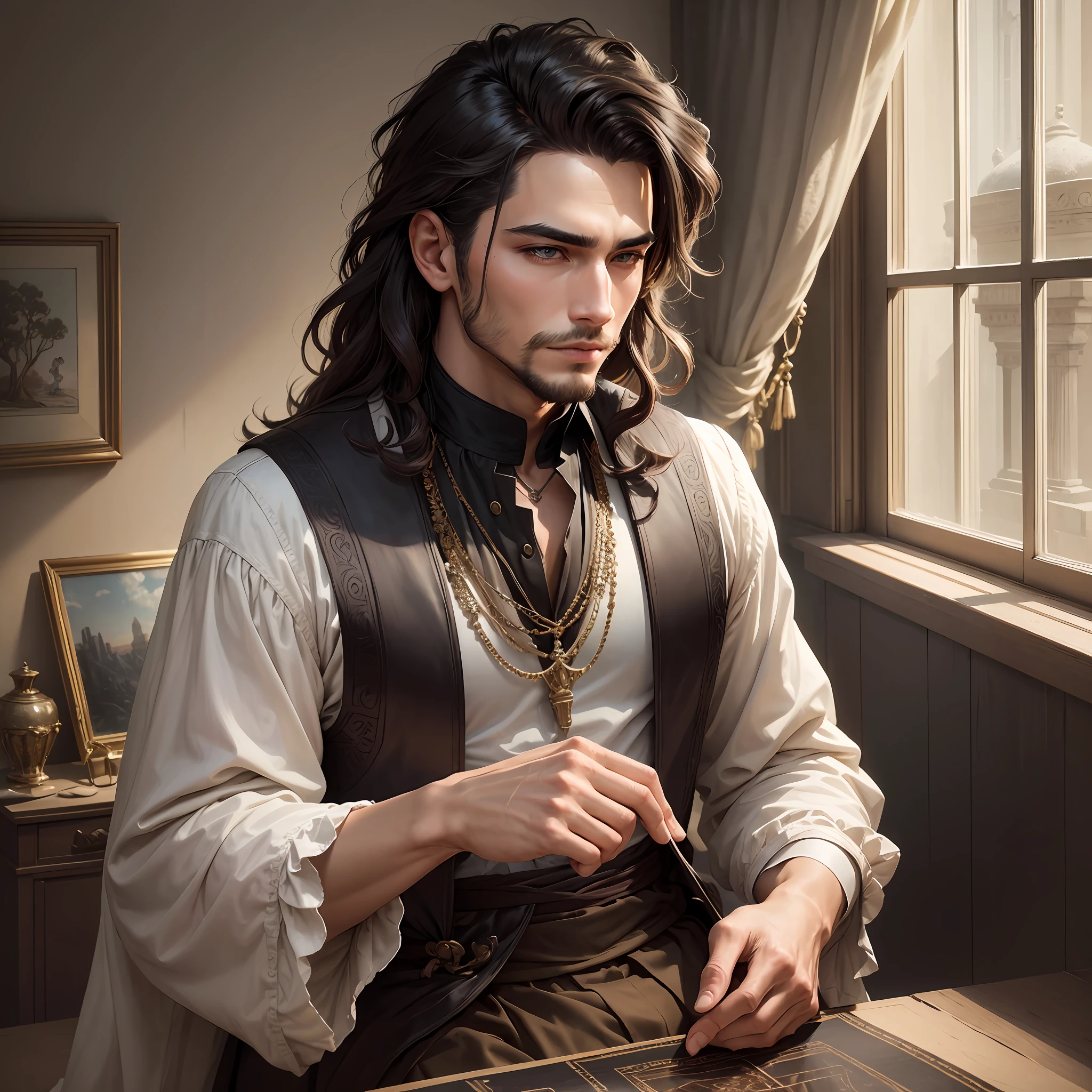 A dreamlike image of two men from different eras, both with the same eyes and hair, but their clothing and culture are strikingly different. a man modern style, another ancient style --auto --s2