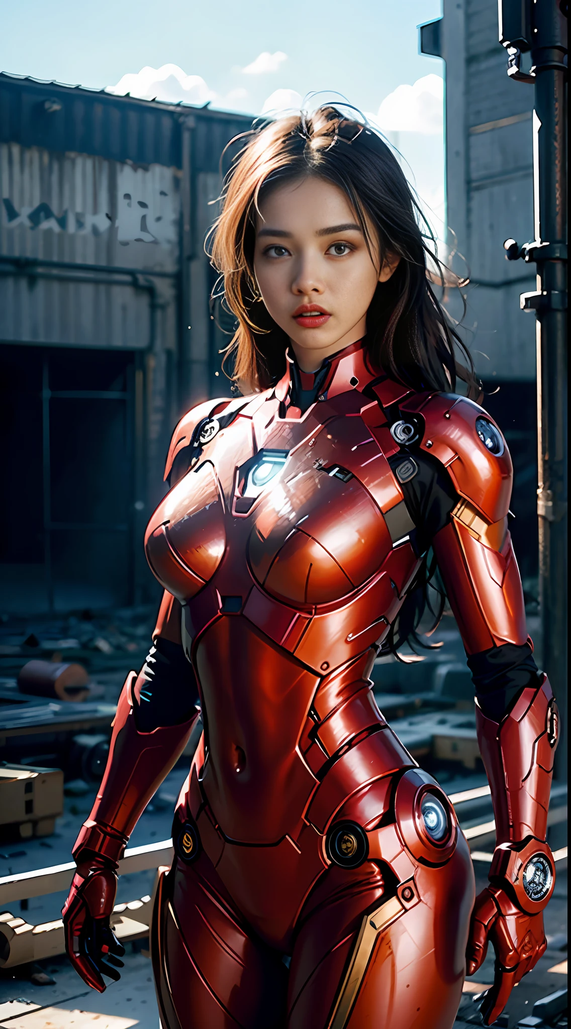 8k, realistic, attractive, highly detailed, a 20 year old girl a sexy and attractive woman inspired by Iron Man wearing a shiny Iron Man mech. She dresses with sexiness and confidence, perfectly interpreting Iron Man&#39;s strength and charisma. The abandoned warehouse serves as a backdrop, creating a unique atmosphere that highlights her bravery and perseverance. The cloudy sky adds a sense of tension and mystery to the whole scene. This high-definition, high-quality picture will bring you a shocking visual experience. The detailed abandoned warehouse and shiny mechs will keep your eyes on you. oc rendering, dramatic lighting, award winning quality