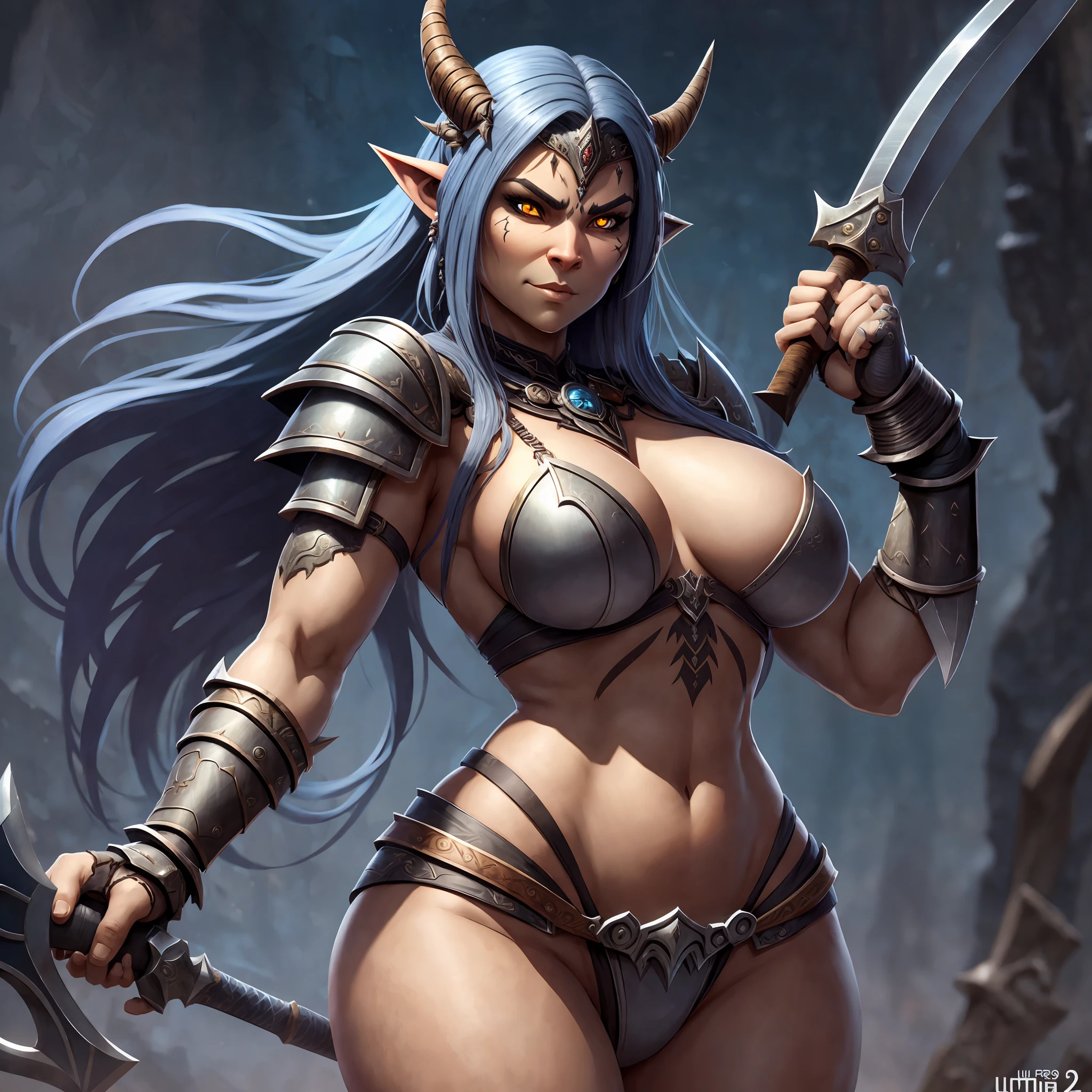 beautiful female orc, with big thighs, nice hips, nice waist, big breasts, flowing hair, holding an axe, wearing animal skin clothes, iron armor and adorned with animal bones, 8k ultra realistic --auto --s2