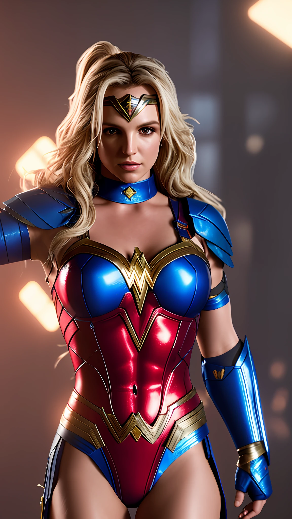 Britney Spears, wonder woman, red and blue armor, photography, soft lighting, soft details, octane, artstation trend, ultra high detail, ultra realistic, cinematic, 16k