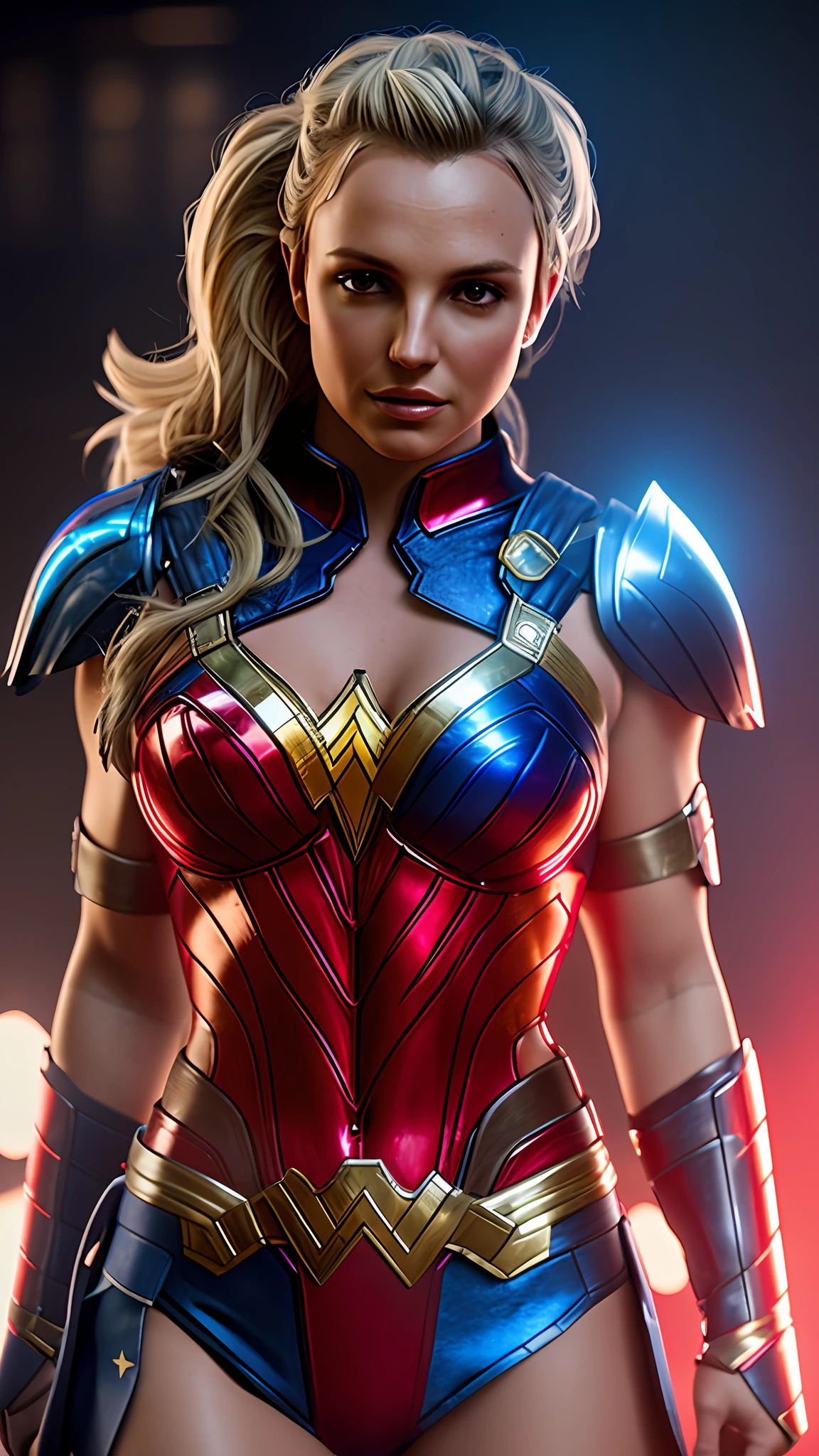 Britney Spears, wonder woman, red and blue armor, photography, soft lighting, soft details, octane, artstation trend, ultra high detail, ultra realistic, cinematic, 16k