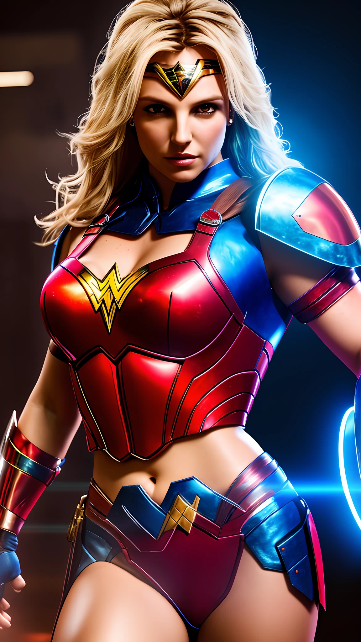 Britney Spears, wonder woman, red and blue armor, photography, soft lighting, soft details, octane, artstation trend, ultra high detail, ultra realistic, cinematic, 16k