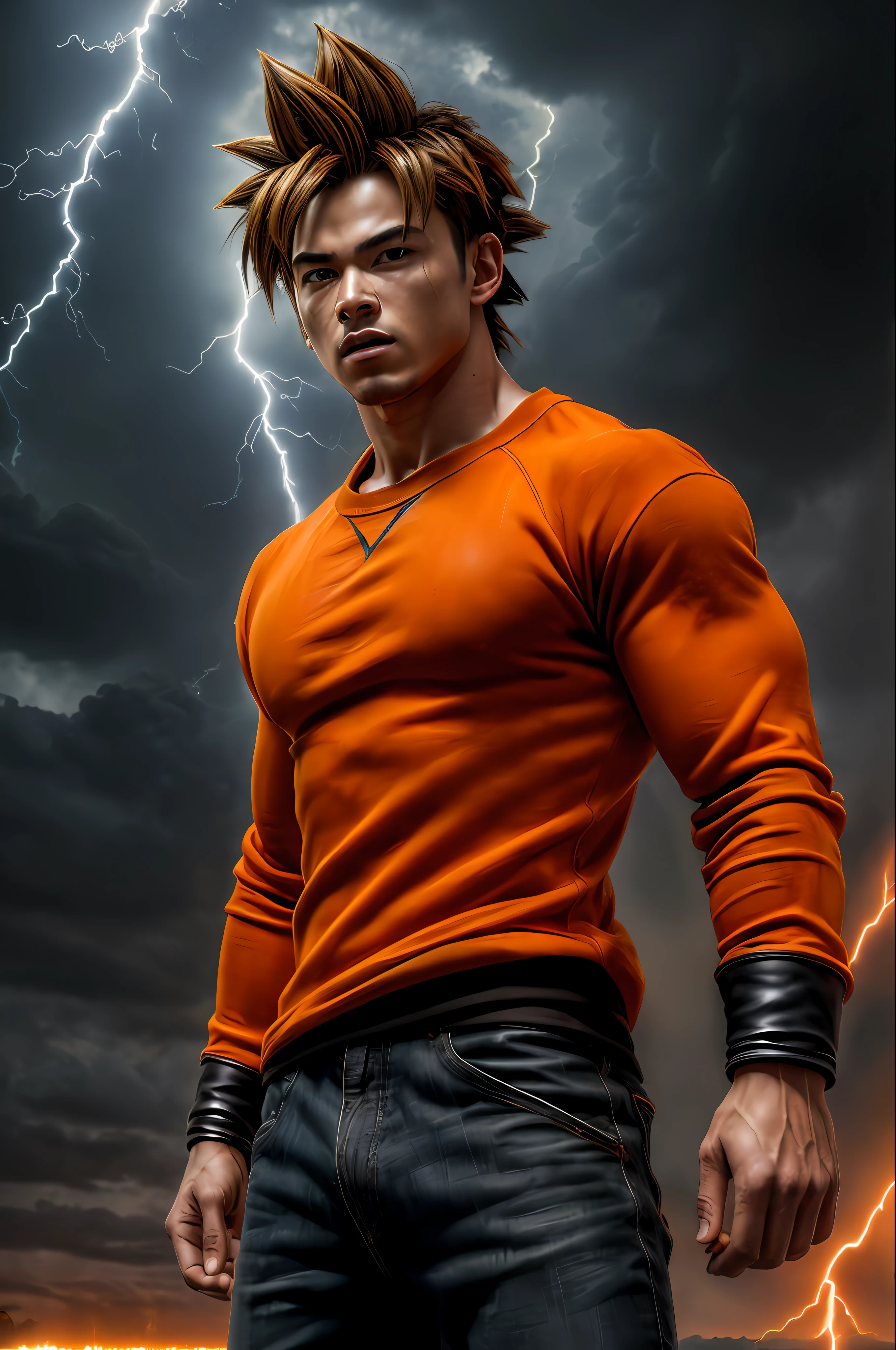 (masterpiece, photorealistic, raw,:1.4), (extremely complex:1.2), close-up, cinematic light, side lighting, ultra high resolution, best shadow, RAW, upper body, son goku, wearing orange pullover,lightning aura, apocalyptic background, torn clothes