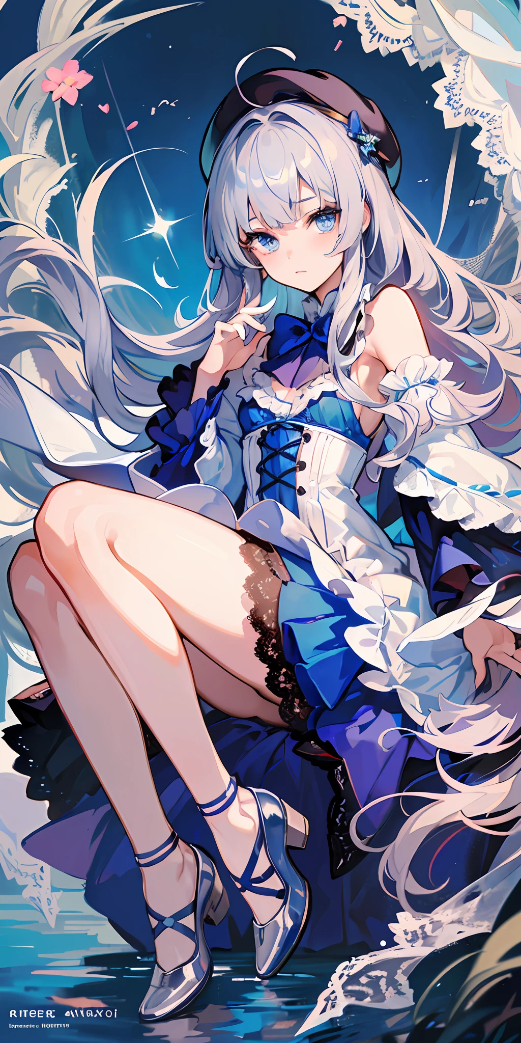 (🖐️:1.3)+/+/(Sakimori_Kagami:1.2)+/+/(1 girl:1.3)+/+/(:1.3)+/+/(lass:1.2)+/+/(A cup:1.2)+/+/(white_lace-trimmed dress:1.4)+/+/(long_dress)+/+/(illustration)+/+/cinematic angle+/+/Soft Lighting+/+/caustics+/+/Raytracing+/+/ultra-detailed+/+/disheveled hair+/+/right human structure+/+/(solo)+/+/(beautiful detailed face:1.3)+/+/(beautiful detailed hair:1.3)+/+/(silvery_hair:1.2)+/+/twin braids+/+/(ahoge:1.2)+/+/(long_hair)+/+/(blue_eyes)+/+/(beautiful detailed eyes:1.2)+/+/(shiny skin:1.3)+/+/(beret:1.2)+/+/(bare_legs:1.3)+/+/(galsses:1.2)+/+/sitting,(😉:1.3),(Leg loop:1.2),(shoes:1.2),nature,(Loose hair:1.3),((masterpiece)), (((best quality))), ((ultra-detailed)), ((illustration)), ((disheveled hair)), ((frills)), (1 girl), (solo), dynamic angle, big top sleeves, floating, beautiful detailed sky, on beautiful detailed water, beautiful detailed eyes, overexposure, (fist), expressionless, side blunt bangs, hairs between eyes, ribbons, bowties, buttons, bare shoulders, (((small breast))), detailed wet clothes, blank stare, pleated skirt, flowers_x0005_