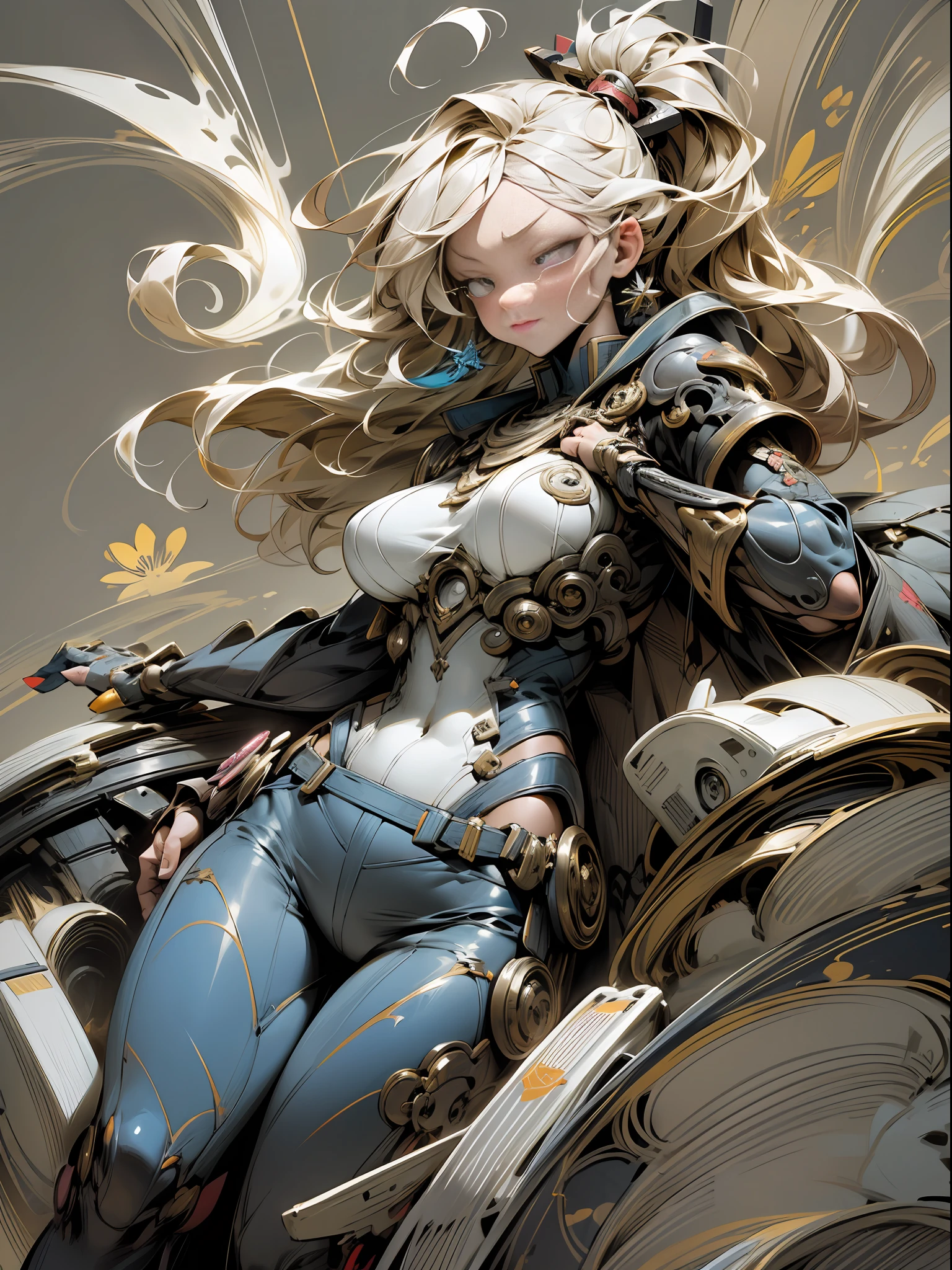 background, mixed-language_text, Japanese letters in graffit, girls, long blonde hair, excellent lighting, sidelighting, perfect ultimate (flat color: 1.3), (magazine_cover: 1.4), (multicolored_background: 1.3), striped_background, card_background, :: comix style by joe madureira :: circular pieces of white metals glued to the ultra detailed arms coming out sparkling shine, perfect and detailed, ultra detailed shirt with abstract design and with Japanese letter print in graffit of the sides of clothing, image of girls with big breast, on top of a futuristic motorcycle, with immersive effects, hover effect, background graffiti style tribal tattoo with flowers and vibrant colors, "ultra HDR" detailed and with focus effect, (masterpiece: 1.2, best quality), (beautiful eyes with huge eyelashes finely detailed: 1.2), , ((Solo)), (Finely detailed eyes and detailed face: 1.3), in various full-body attack poses, (cute background: 1.2),futuristic costume, super detailed circular metals Clinging to the arms and pants, fantastic paintings