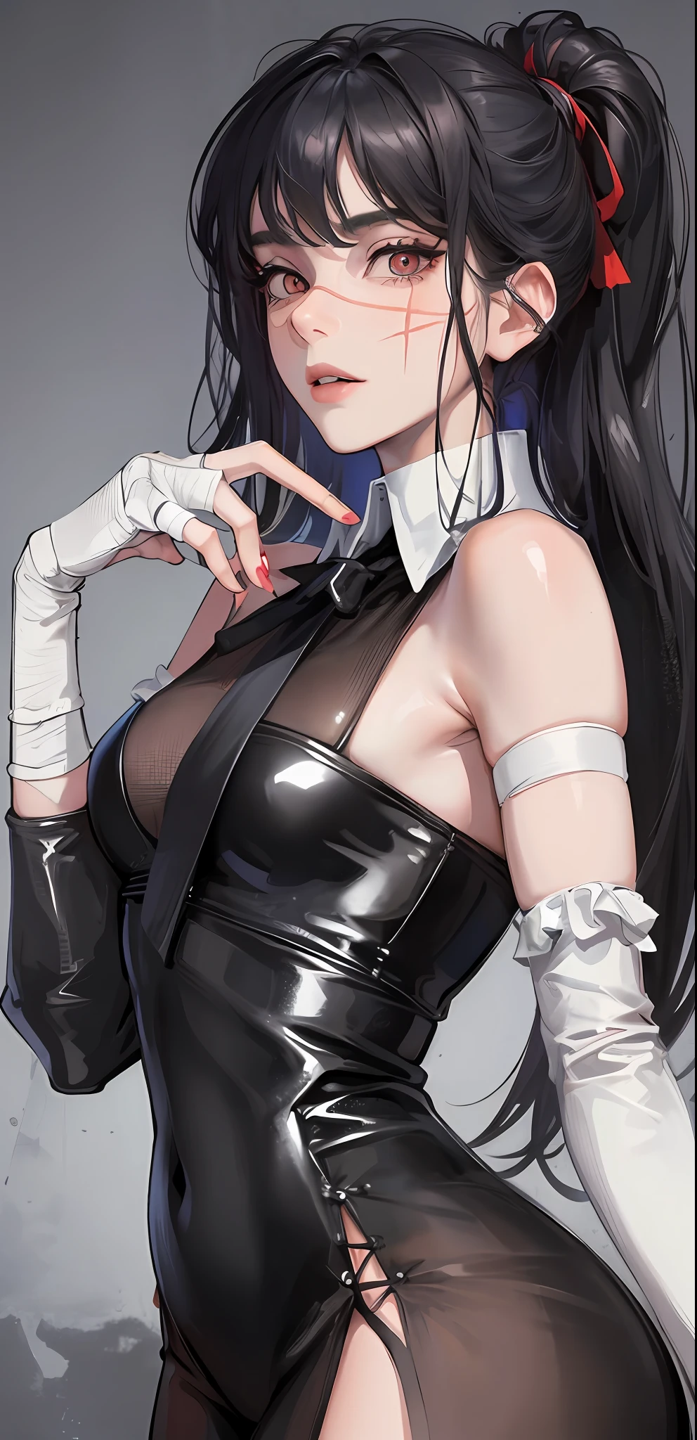 ((masterpiece, best quality)), (1girl), (solo), (female focus), Yoru \(chainsaw man\),(very detailed face, real image, realistic skin, realistic body, intricate details), upper body, dark eyes, bandages over the body, black hair, far sleeve shirt, pinaforee dress, black tie, bandages, blood, bandages, bandages, bandages, blood, blood, small breasts, classroom, students, Blur background