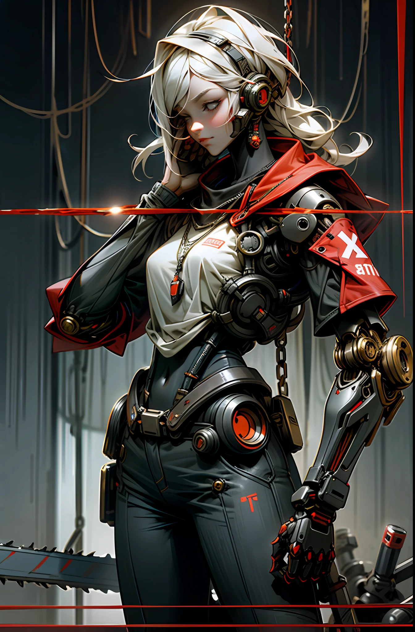 Dark_Fantasy,Cyberpunk,(chain saw,chain saw man,Red:1.1),1man,Mechanical marvel,A girl is standing in front of the robot,Robotic presence,Cybernetic guardian,