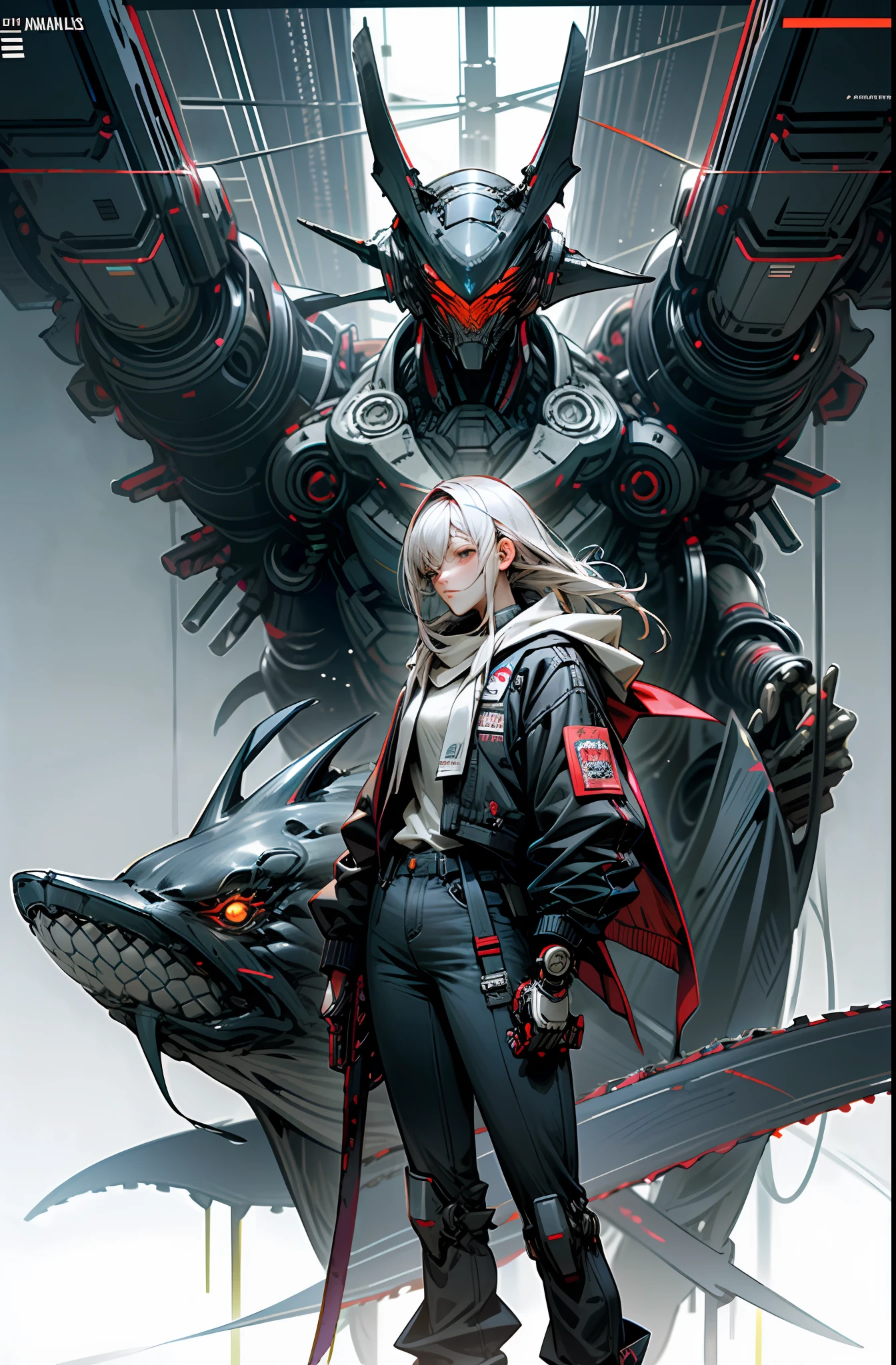 Dark_Fantasy, Cyberpunk, (Chainsaw, Chainsaw Man, Whale, Red: 1.1), 1 Man, Mechanical Marvel, A Girl Standing in Front of a Robot, Whale Exists, Robot Exists, Cybernetics Guardian,