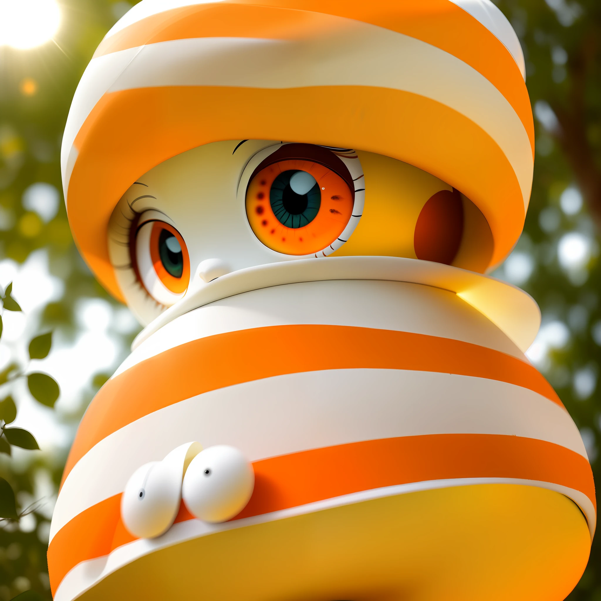 Orange, white striped, big eyes, (wearing white hat)), morning light, warm