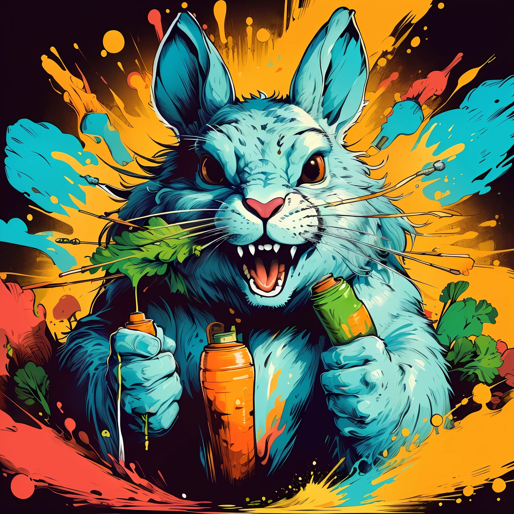 (Masterpiece: 1.2), Best Quality, (Illustration: 1.2), Solo, Zairabit Eating Carrots, (Muscle: 1.2), Fierce Expression, Chain, (Color Paint Splattered on Background, Dulux, ), First-Person View, Sony Master Lens
